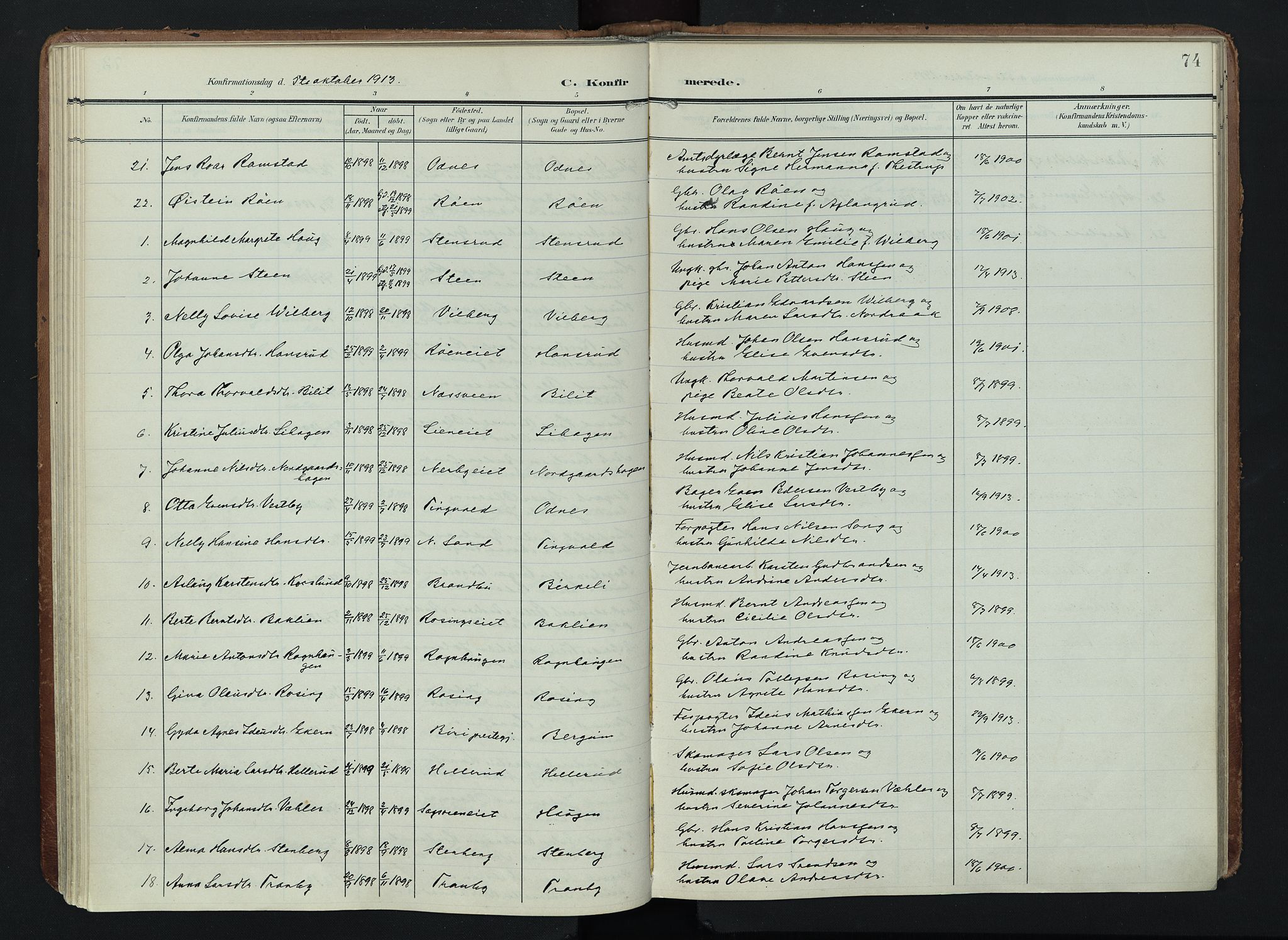 Søndre Land prestekontor, AV/SAH-PREST-122/K/L0005: Ministerialbok nr. 5, 1905-1914, s. 74