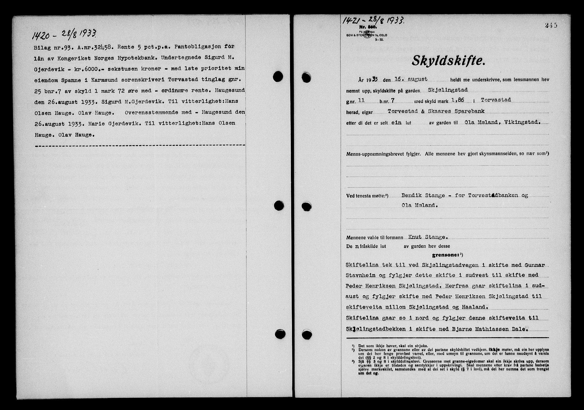 Karmsund sorenskriveri, SAST/A-100311/01/II/IIB/L0061: Pantebok nr. 42, 1933-1933, Tingl.dato: 04.09.1933