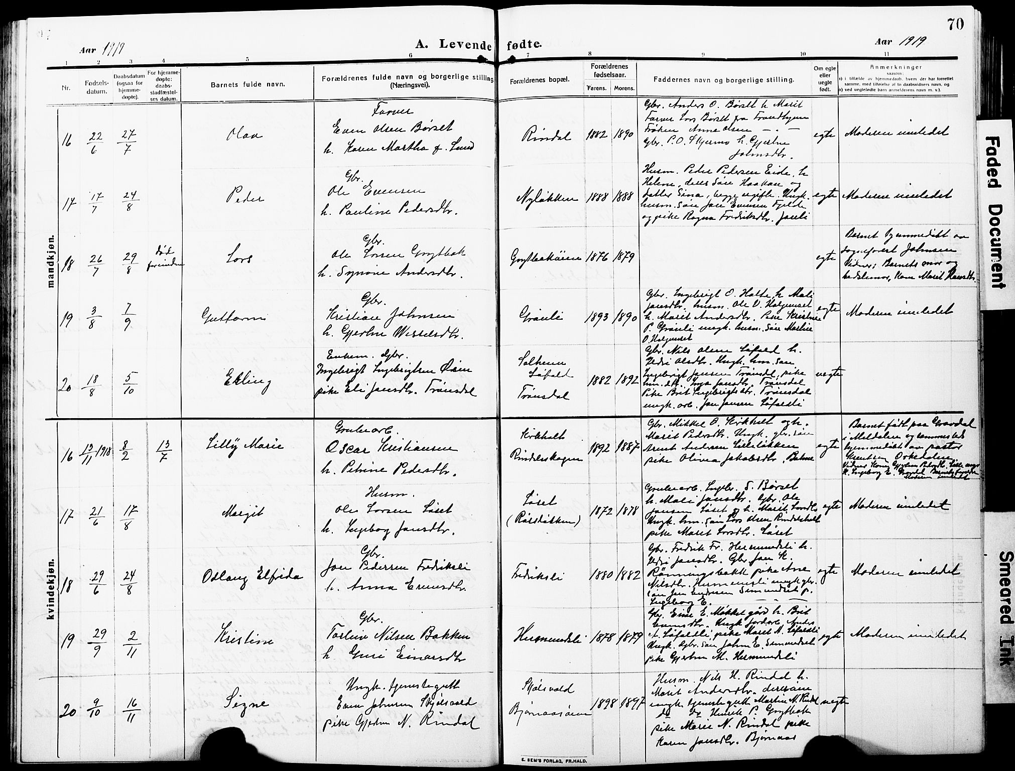 Ministerialprotokoller, klokkerbøker og fødselsregistre - Møre og Romsdal, AV/SAT-A-1454/598/L1079: Klokkerbok nr. 598C04, 1909-1927, s. 70