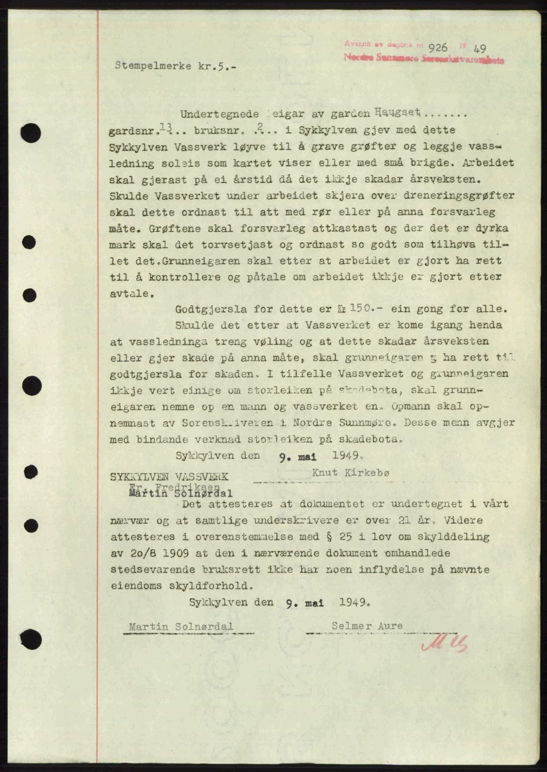 Nordre Sunnmøre sorenskriveri, SAT/A-0006/1/2/2C/2Ca: Pantebok nr. A30, 1949-1949, Dagboknr: 926/1949