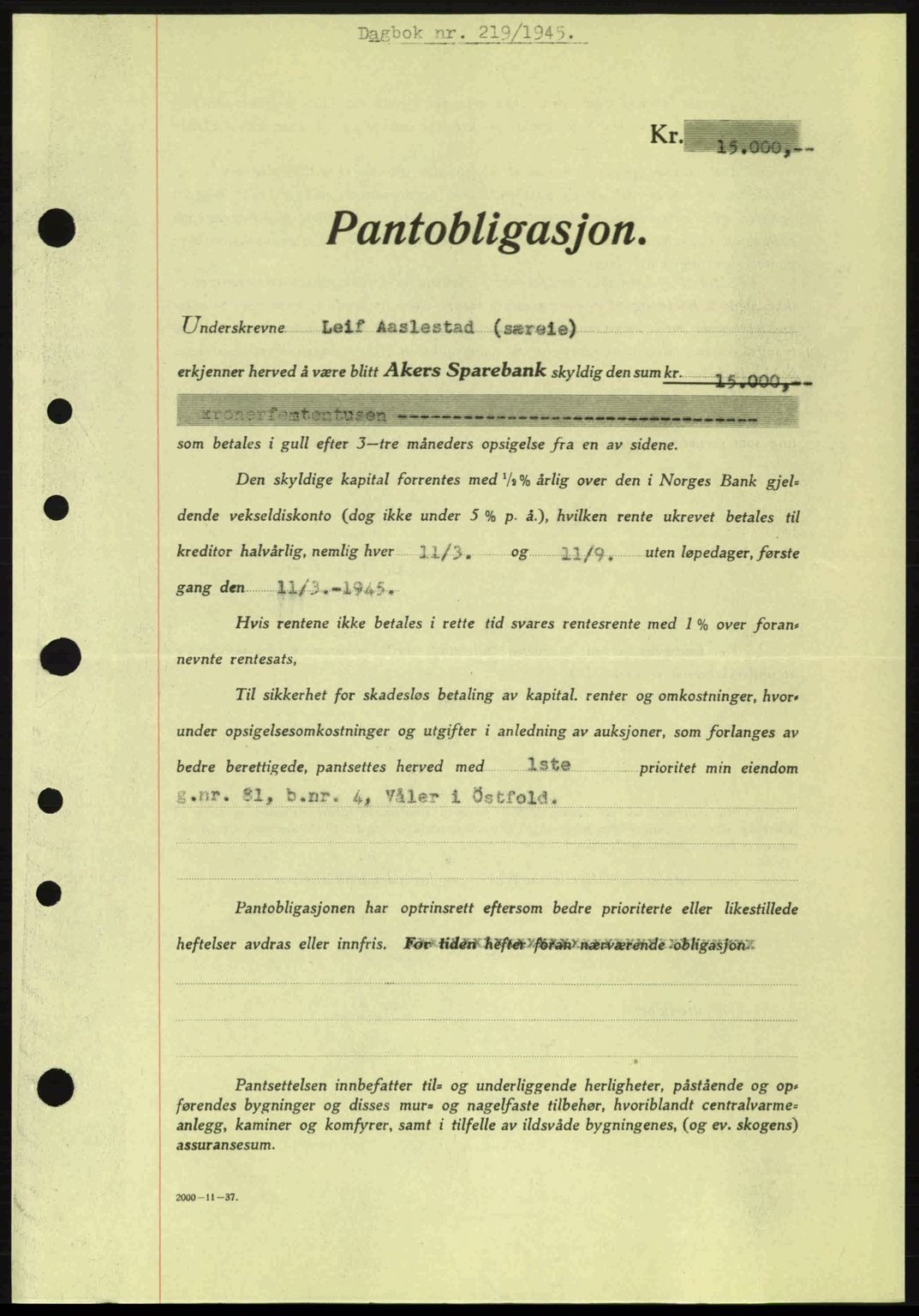 Moss sorenskriveri, SAO/A-10168: Pantebok nr. B13, 1943-1945, Dagboknr: 219/1945