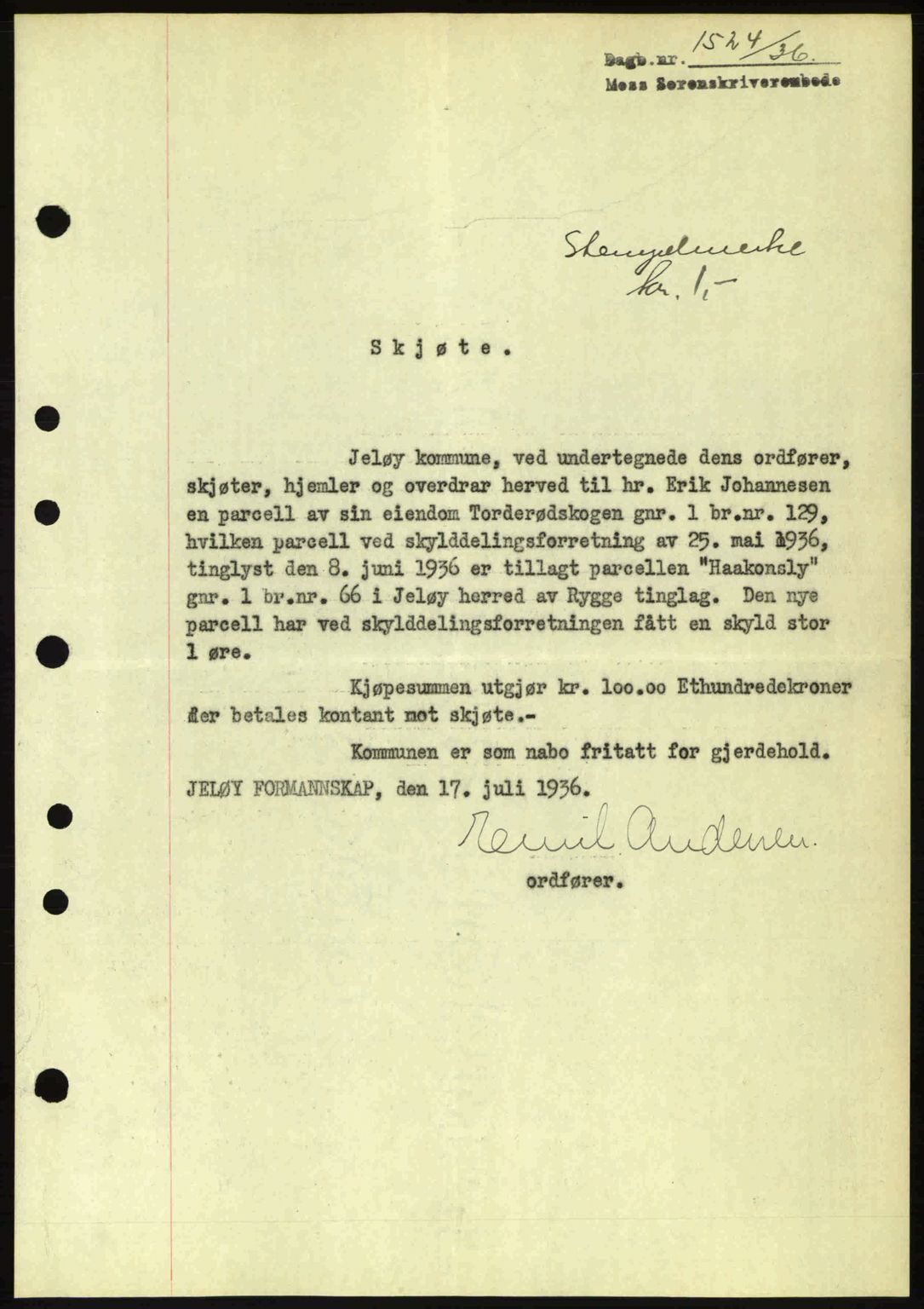 Moss sorenskriveri, SAO/A-10168: Pantebok nr. A1, 1936-1936, Dagboknr: 1524/1936