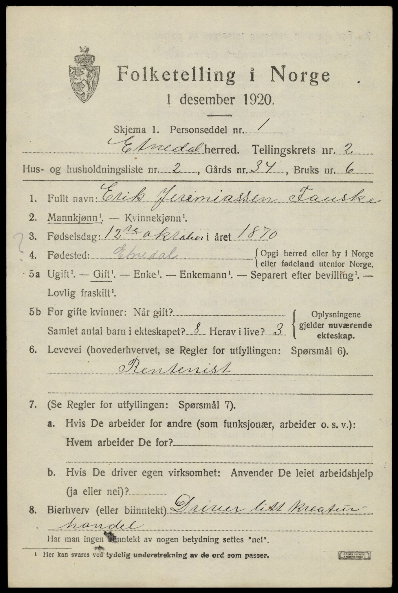 SAH, Folketelling 1920 for 0541 Etnedal herred, 1920, s. 1050