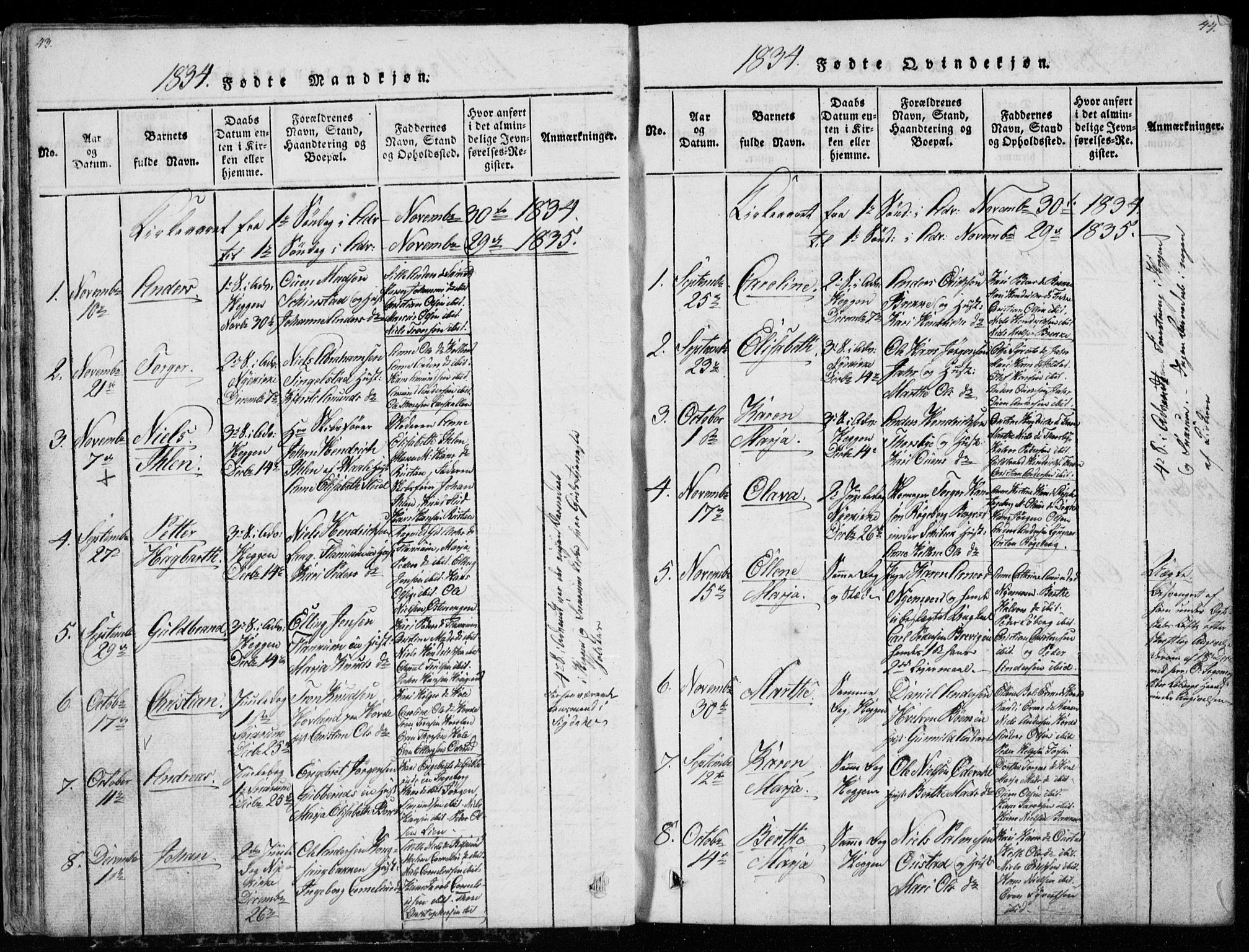 Modum kirkebøker, AV/SAKO-A-234/G/Ga/L0003: Klokkerbok nr. I 3, 1832-1842, s. 43-44