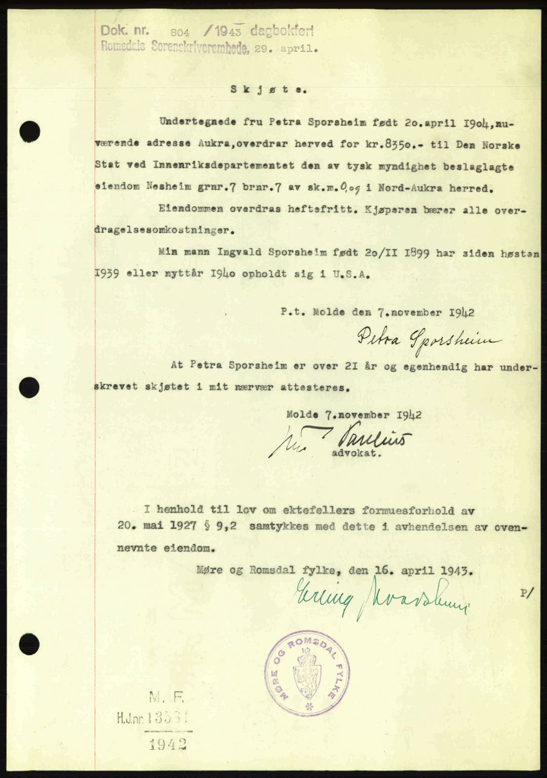 Romsdal sorenskriveri, SAT/A-4149/1/2/2C: Pantebok nr. A14, 1943-1943, Dagboknr: 804/1943
