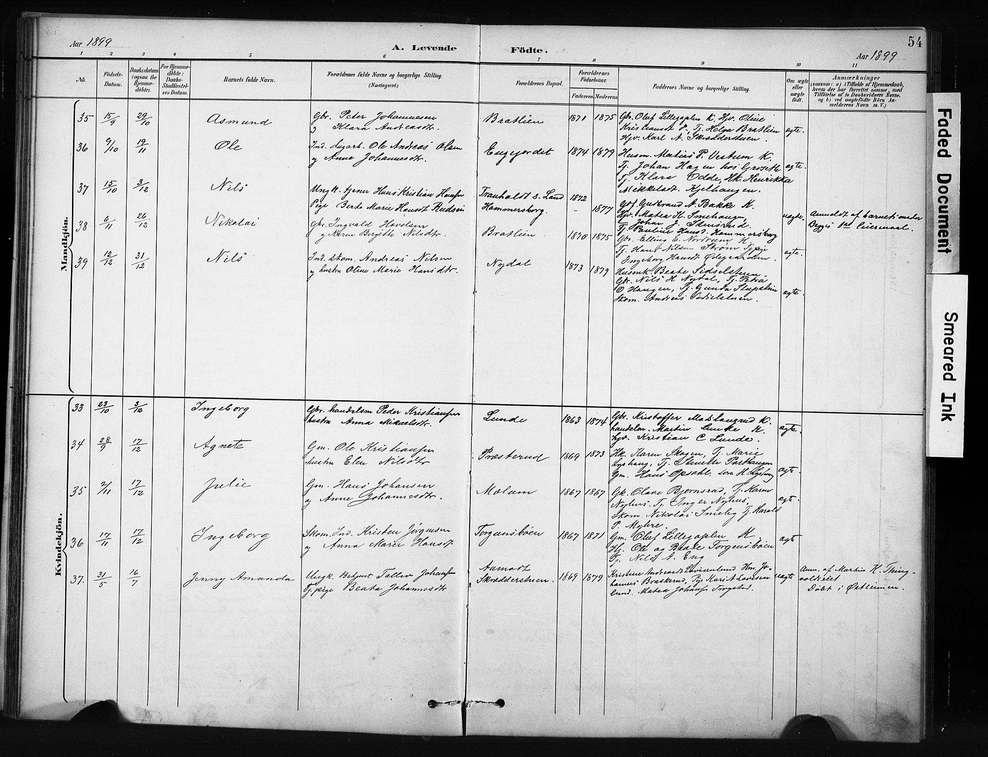 Nordre Land prestekontor, SAH/PREST-124/H/Ha/Hab/L0012: Klokkerbok nr. 12, 1891-1909, s. 54