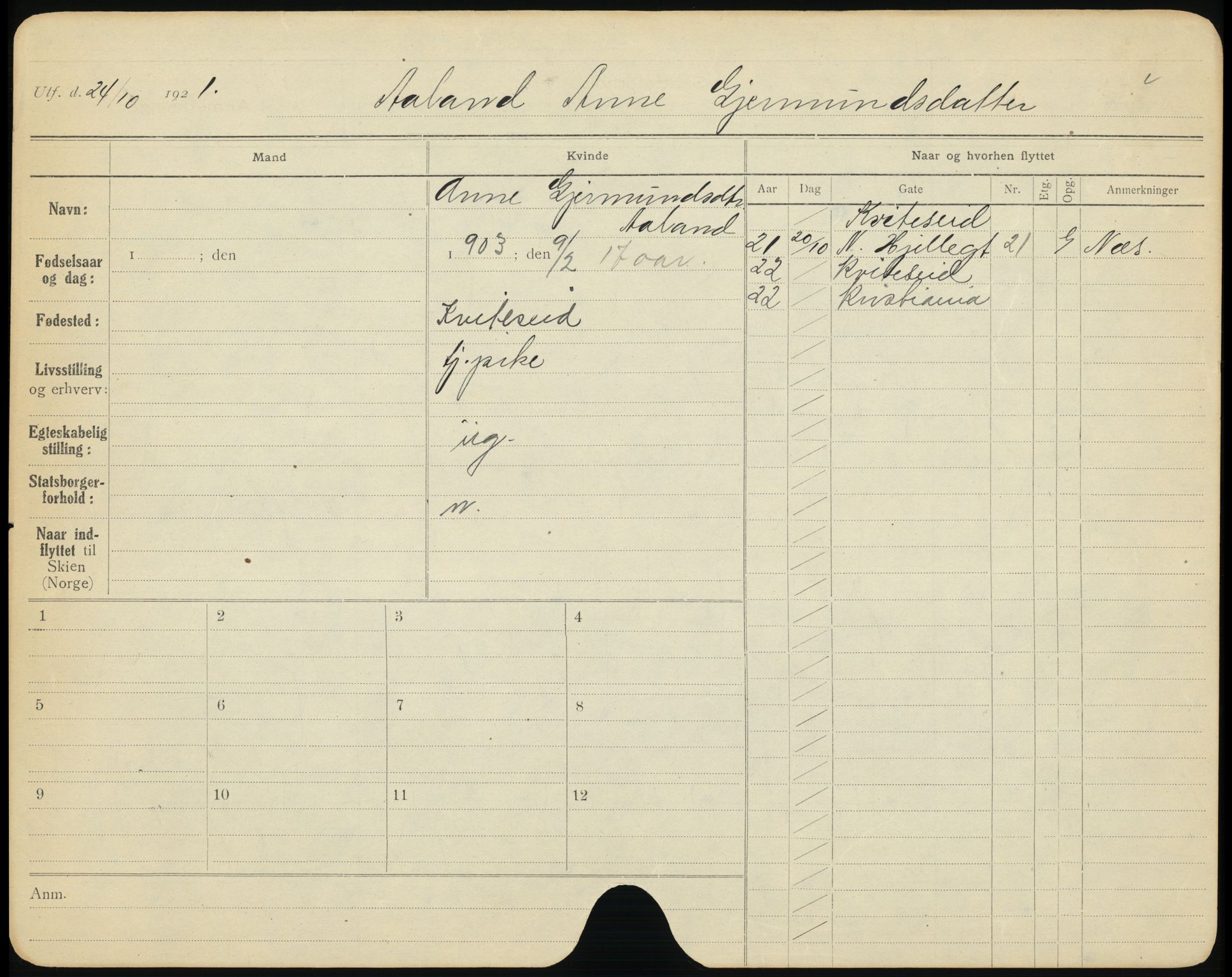 Skien folkeregister, SAKO/A-425/G/Ga/L0005A: Utflyttede, 1922