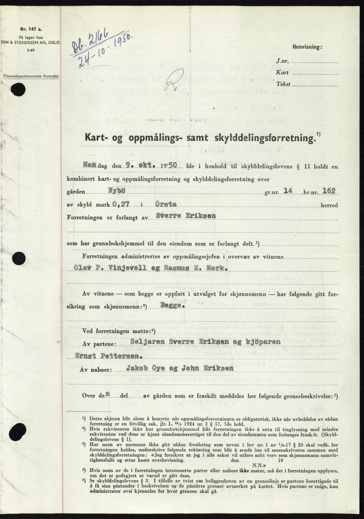 Søre Sunnmøre sorenskriveri, SAT/A-4122/1/2/2C/L0088: Pantebok nr. 14A, 1950-1951, Dagboknr: 2166/1950