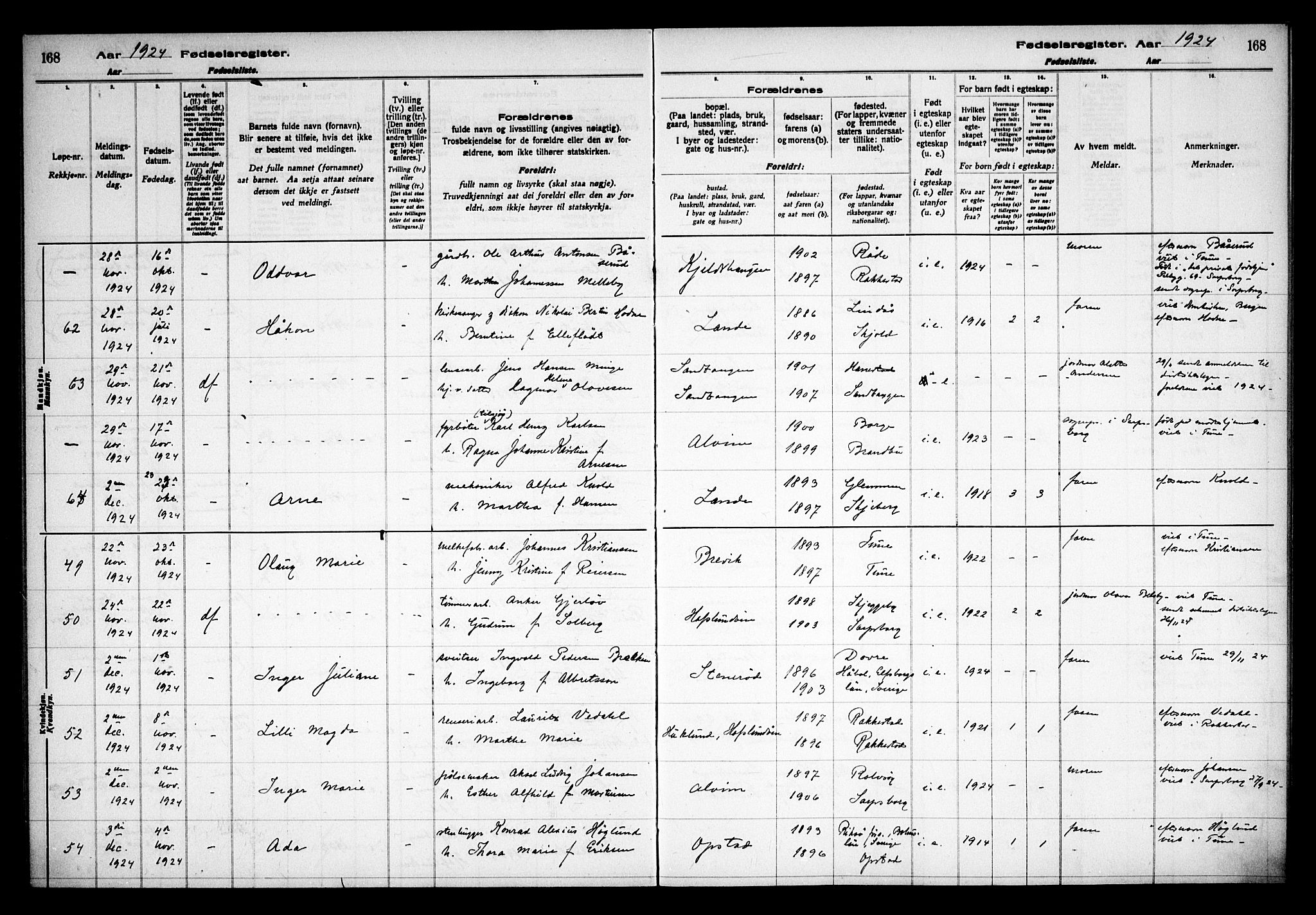 Tune prestekontor Kirkebøker, AV/SAO-A-2007/J/Ja/L0001: Fødselsregister nr. I 1, 1916-1928, s. 168