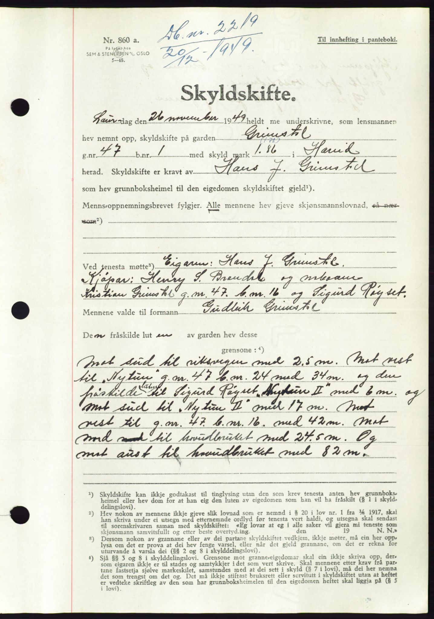 Søre Sunnmøre sorenskriveri, AV/SAT-A-4122/1/2/2C/L0085: Pantebok nr. 11A, 1949-1949, Dagboknr: 2219/1949