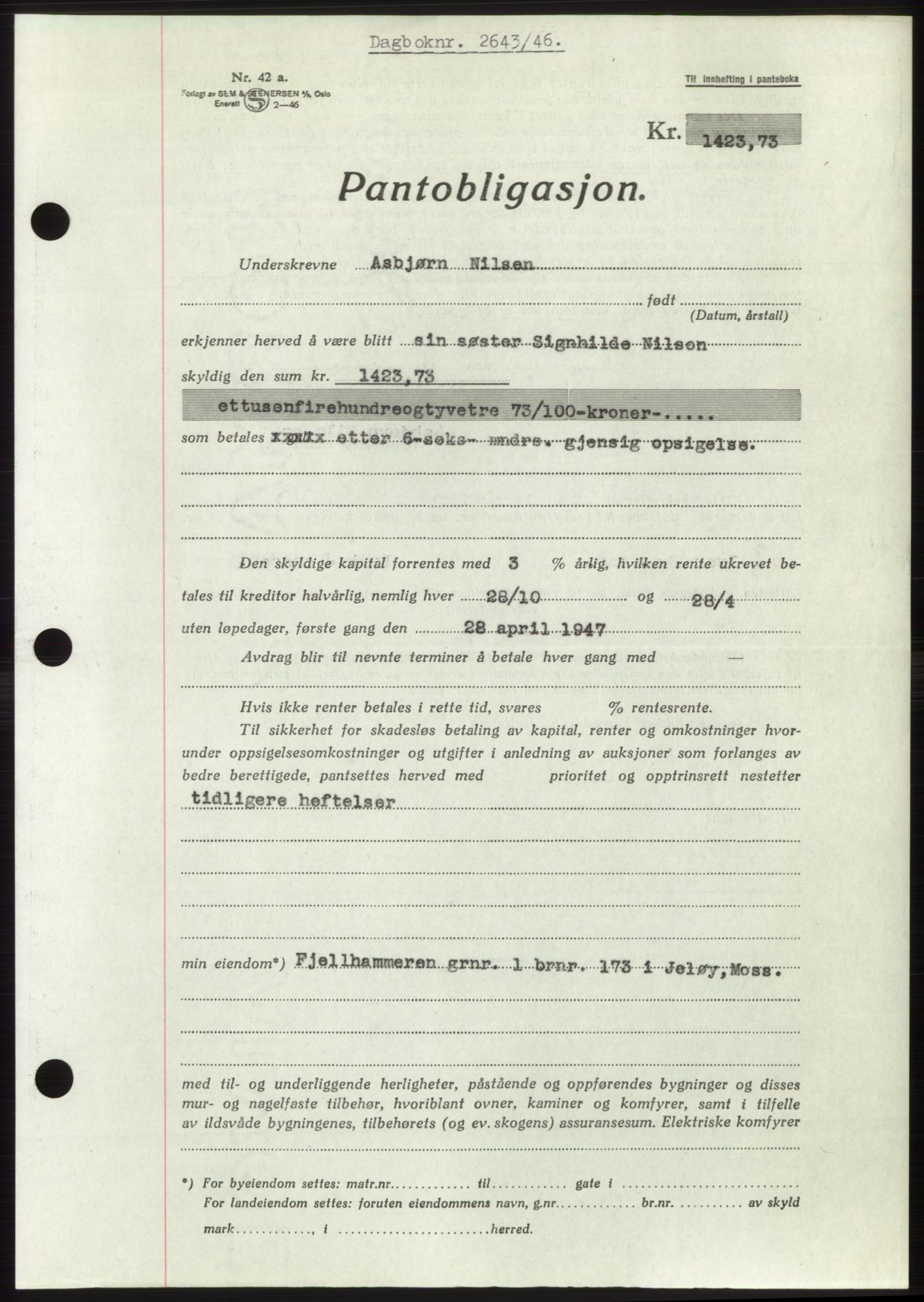 Moss sorenskriveri, SAO/A-10168: Pantebok nr. B16, 1946-1947, Dagboknr: 2643/1946