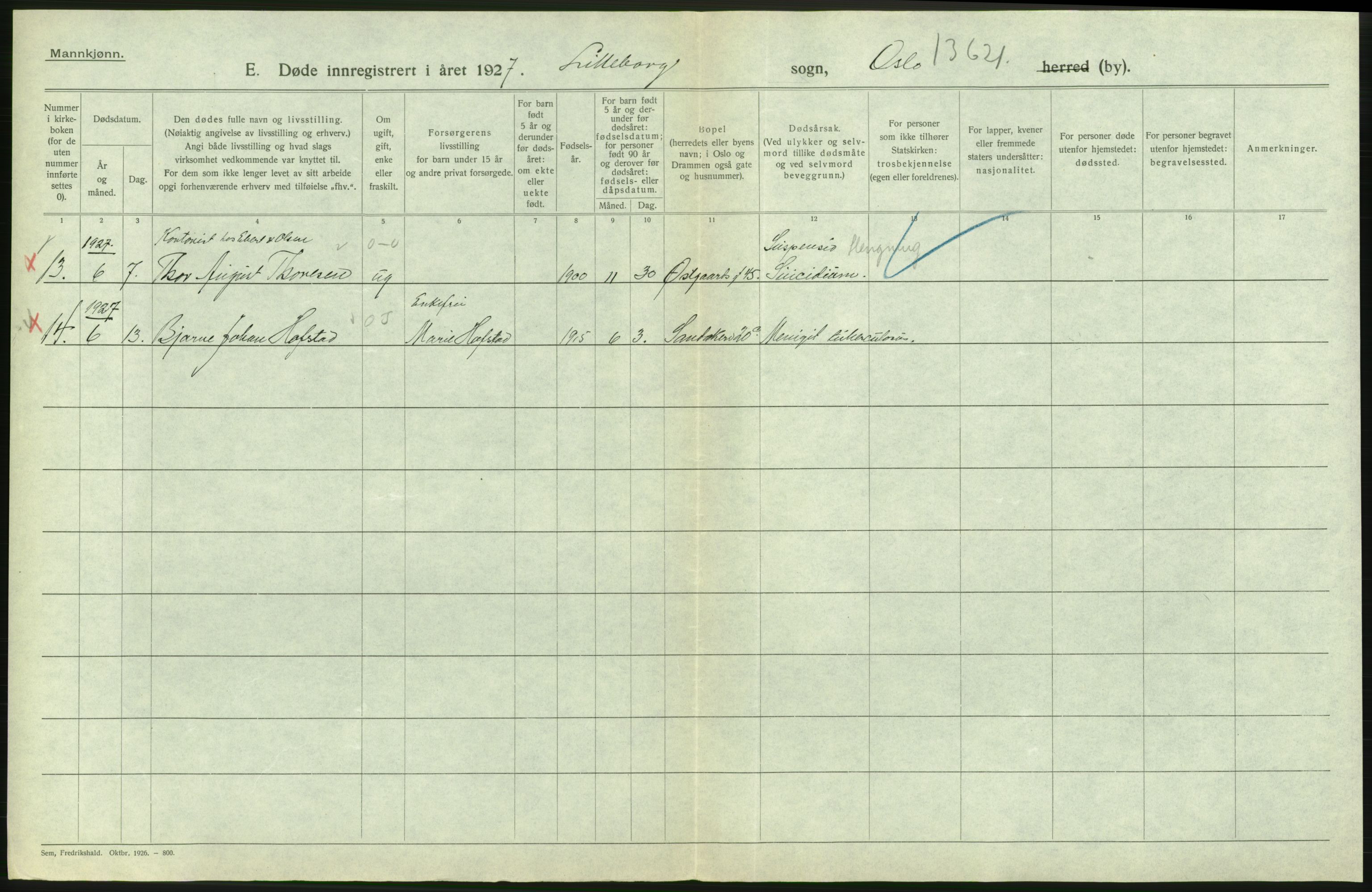 Statistisk sentralbyrå, Sosiodemografiske emner, Befolkning, AV/RA-S-2228/D/Df/Dfc/Dfcg/L0009: Oslo: Døde menn, 1927, s. 288