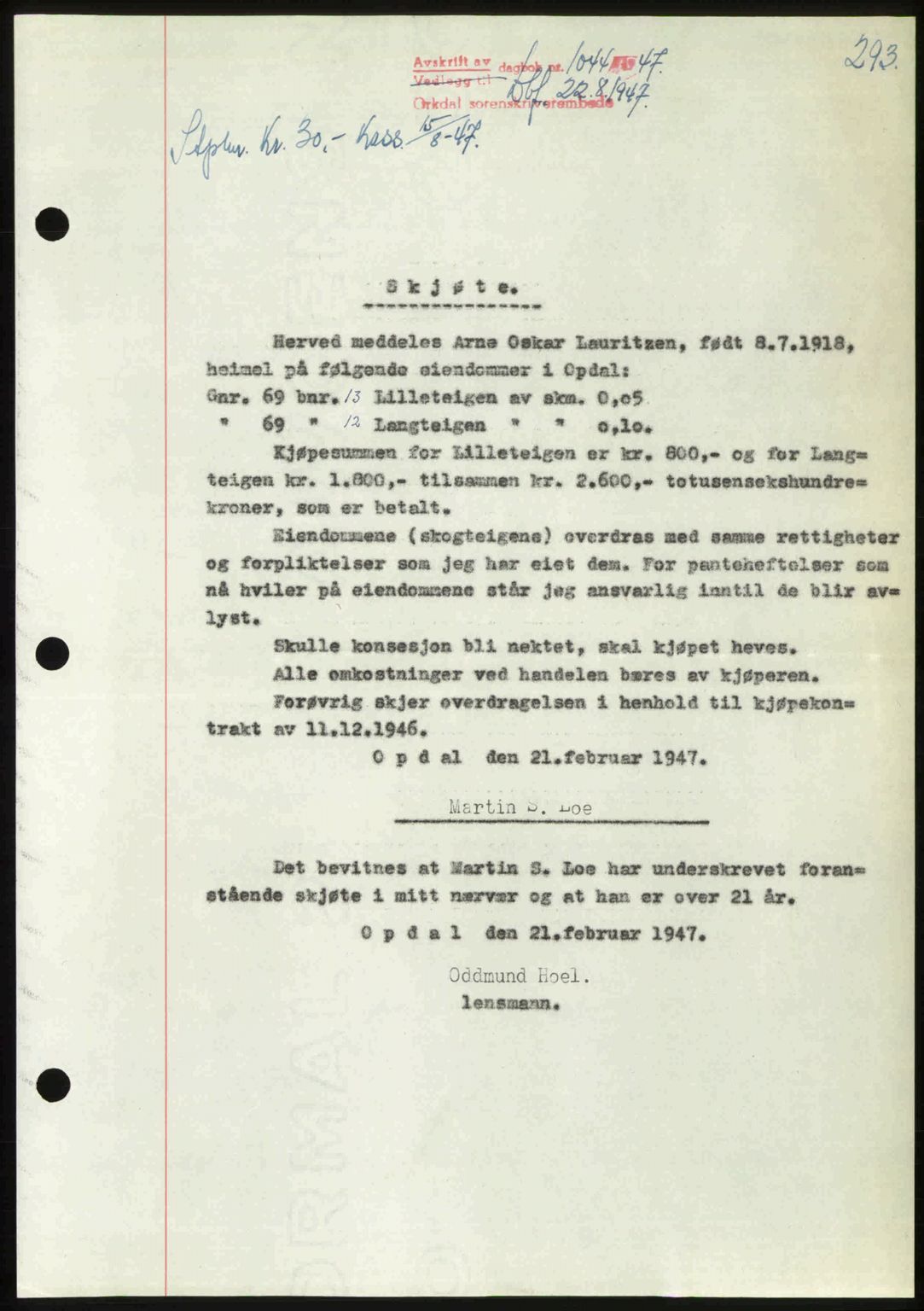 Orkdal sorenskriveri, SAT/A-4169/1/2/2C: Pantebok nr. A, 1947-1947, Dagboknr: 1044/1947