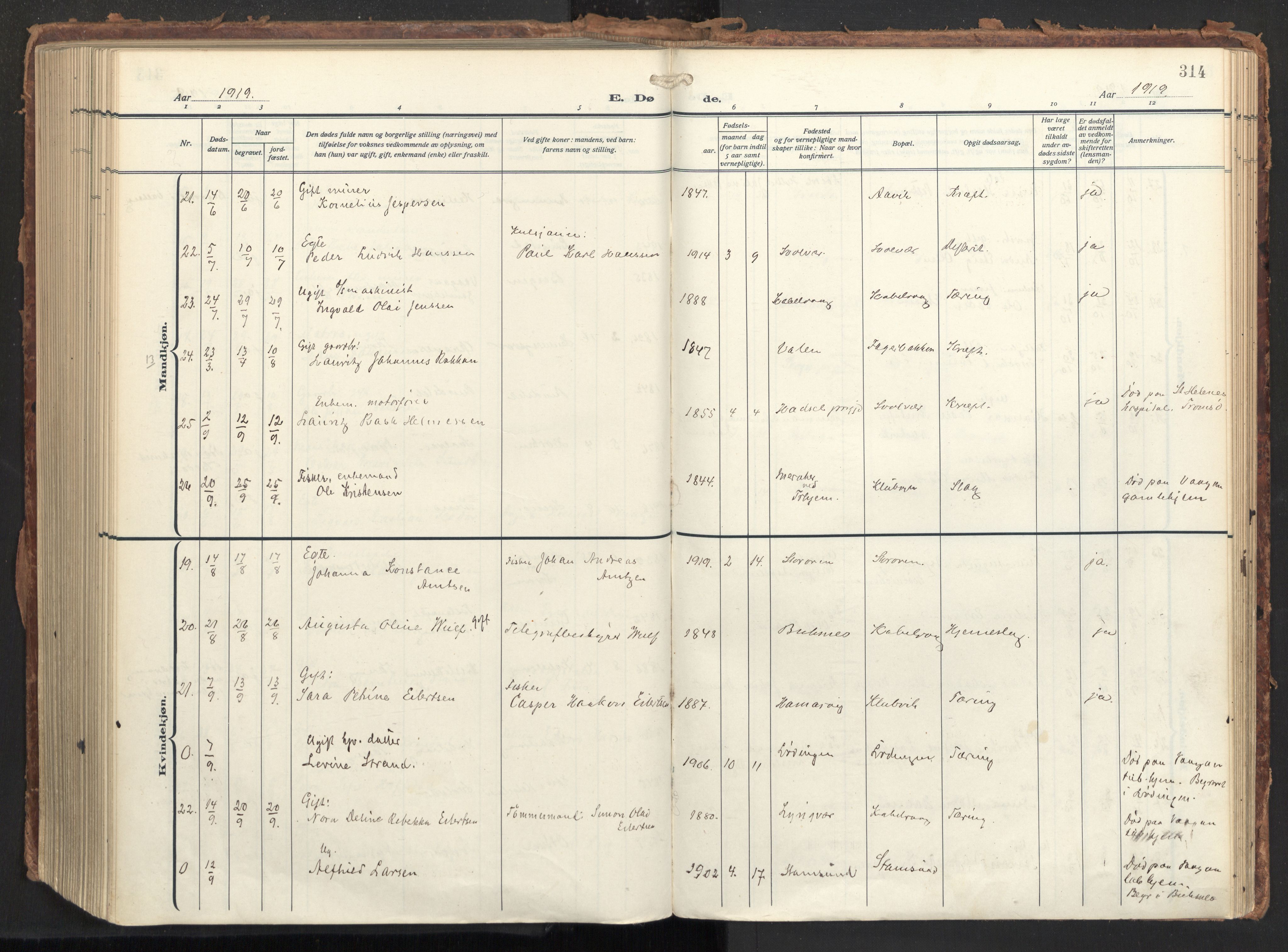 Ministerialprotokoller, klokkerbøker og fødselsregistre - Nordland, AV/SAT-A-1459/874/L1064: Ministerialbok nr. 874A08, 1915-1926, s. 314