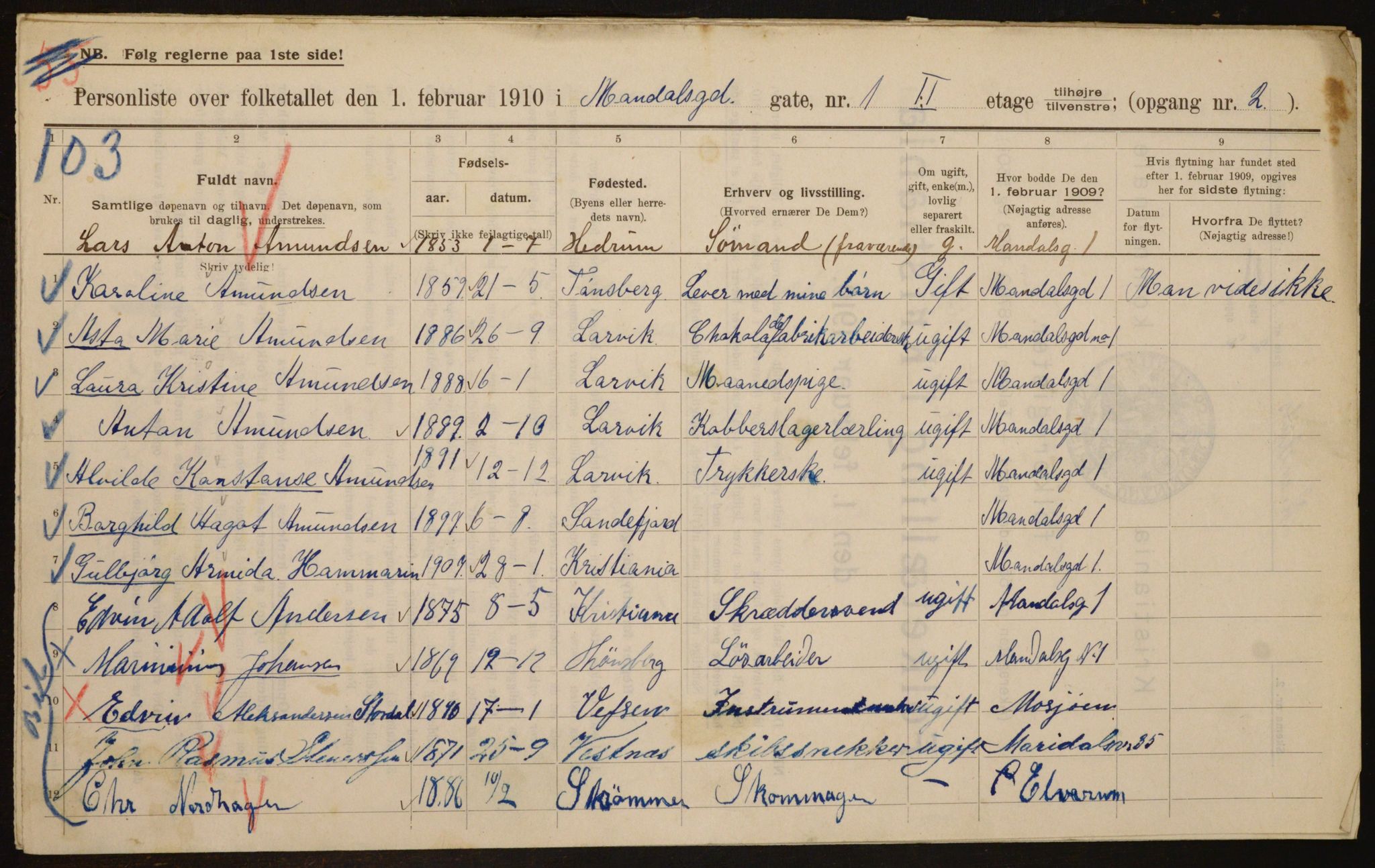 OBA, Kommunal folketelling 1.2.1910 for Kristiania, 1910, s. 58088