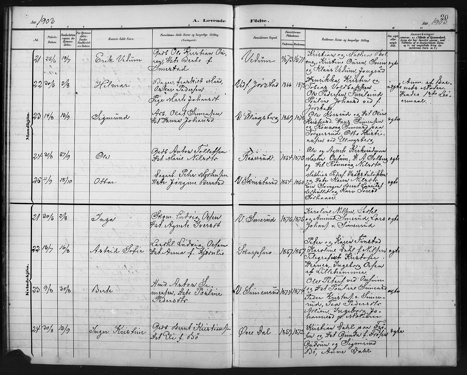 Fåberg prestekontor, AV/SAH-PREST-086/H/Ha/Hab/L0011: Klokkerbok nr. 11, 1901-1921, s. 20