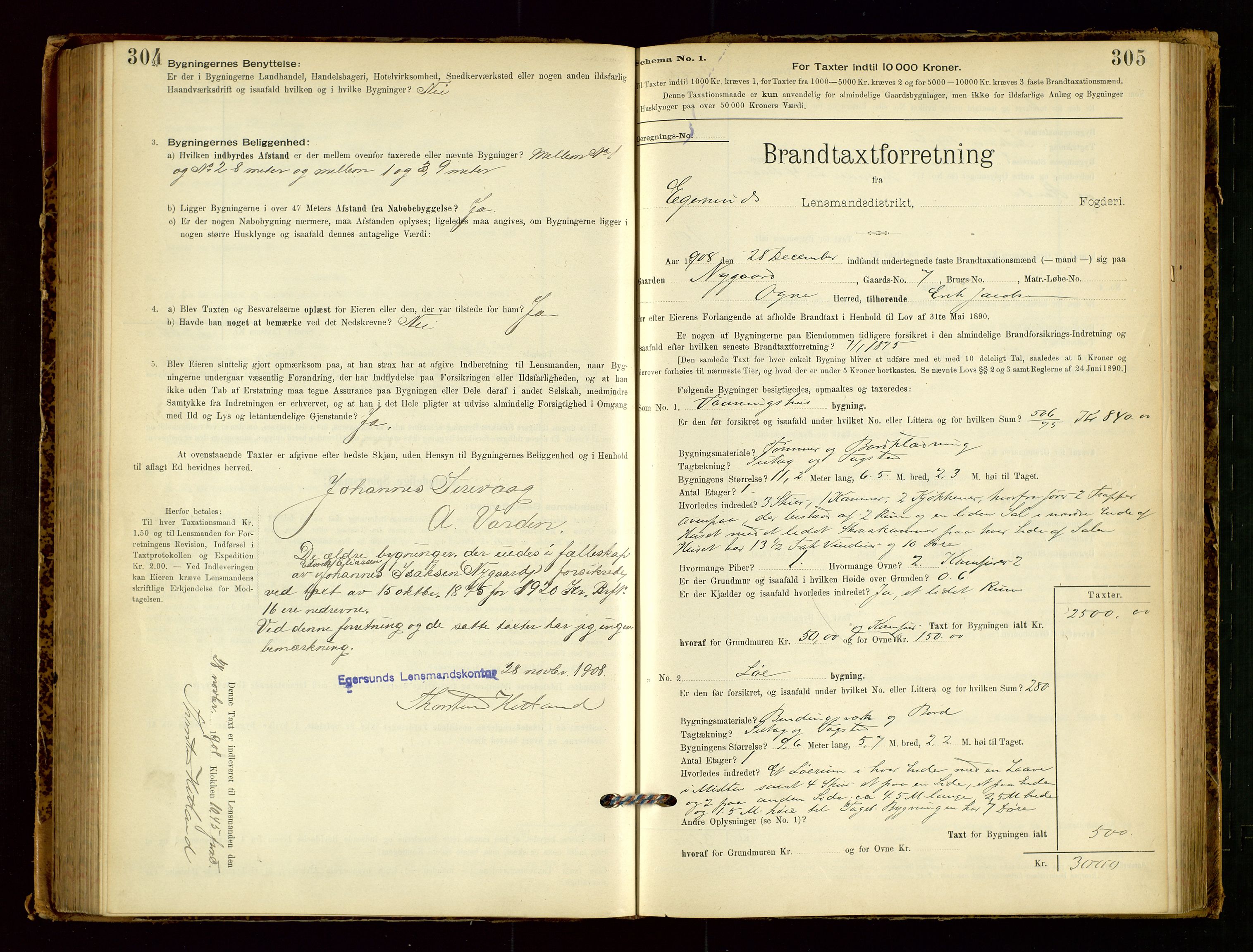 Eigersund lensmannskontor, AV/SAST-A-100171/Gob/L0001: Skjemaprotokoll, 1894-1909, s. 304-305