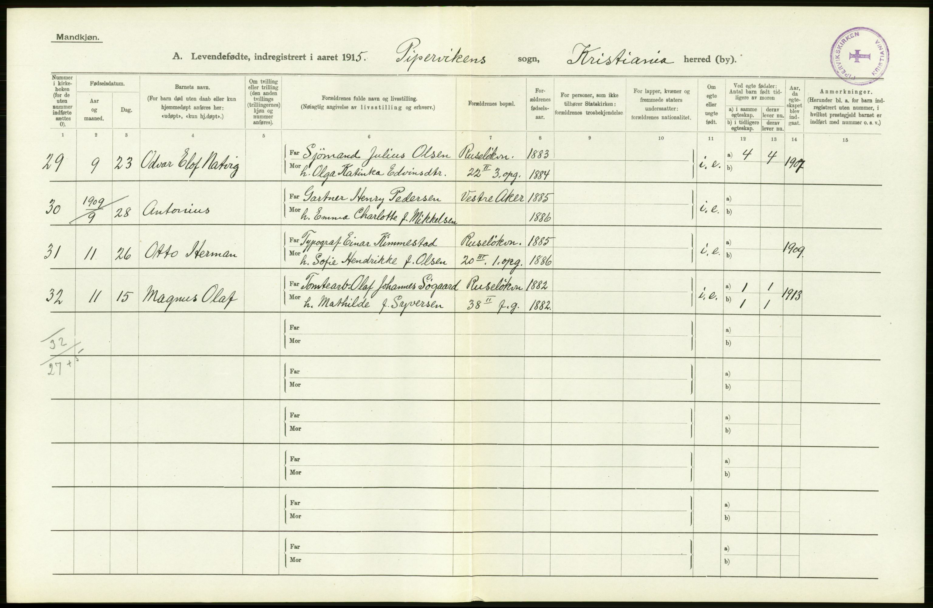 Statistisk sentralbyrå, Sosiodemografiske emner, Befolkning, AV/RA-S-2228/D/Df/Dfb/Dfbe/L0006: Kristiania: Levendefødte menn og kvinner., 1915, s. 292