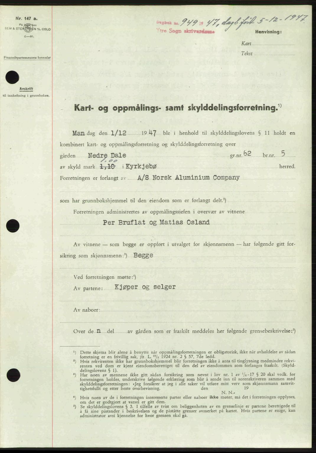 Ytre Sogn tingrett, SAB/A-2601/1/G/Gbb/L0005: Pantebok nr. A3 - A4 (B2), 1947-1948, Dagboknr: 949/1947