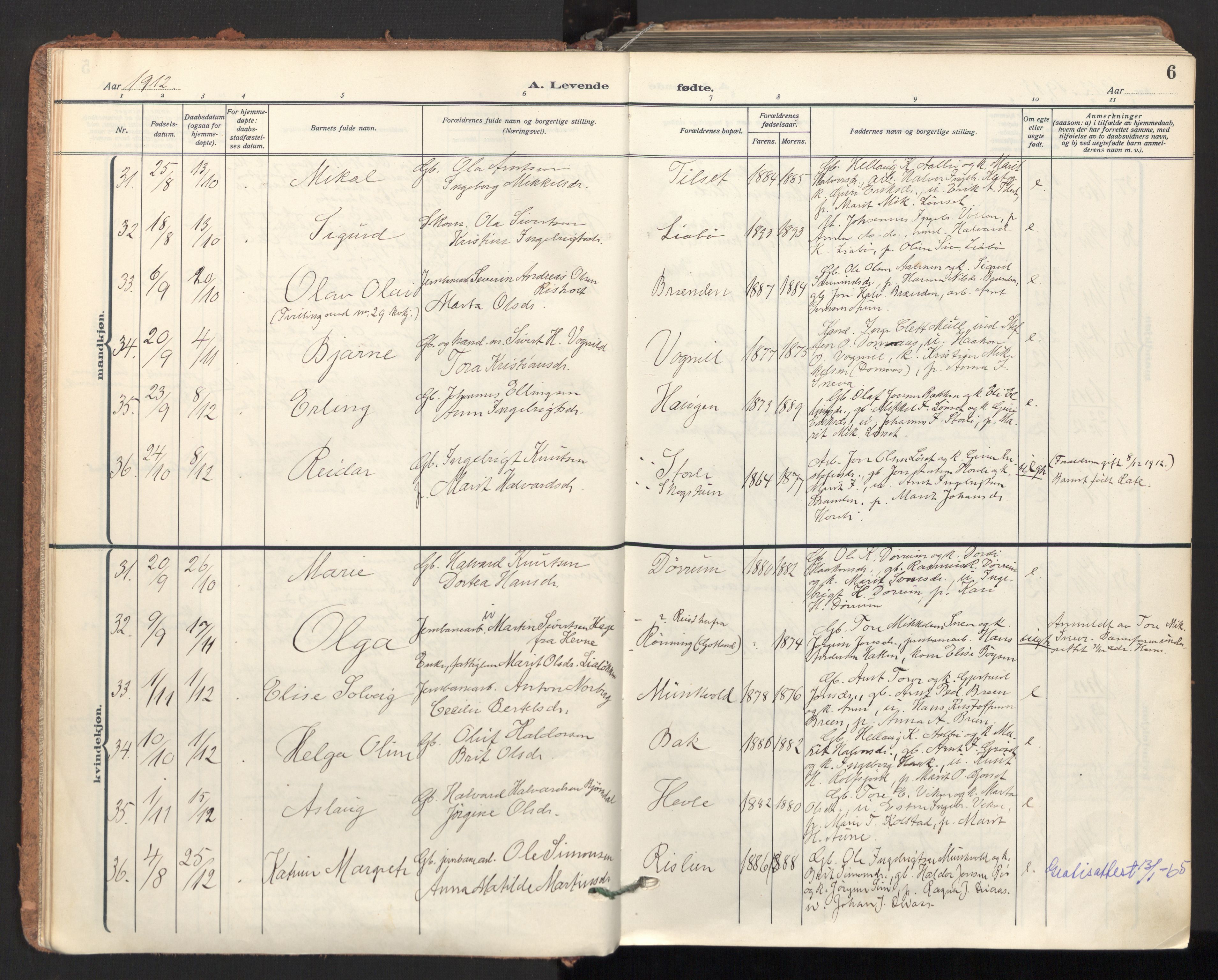 Ministerialprotokoller, klokkerbøker og fødselsregistre - Sør-Trøndelag, AV/SAT-A-1456/678/L0909: Ministerialbok nr. 678A17, 1912-1930, s. 6