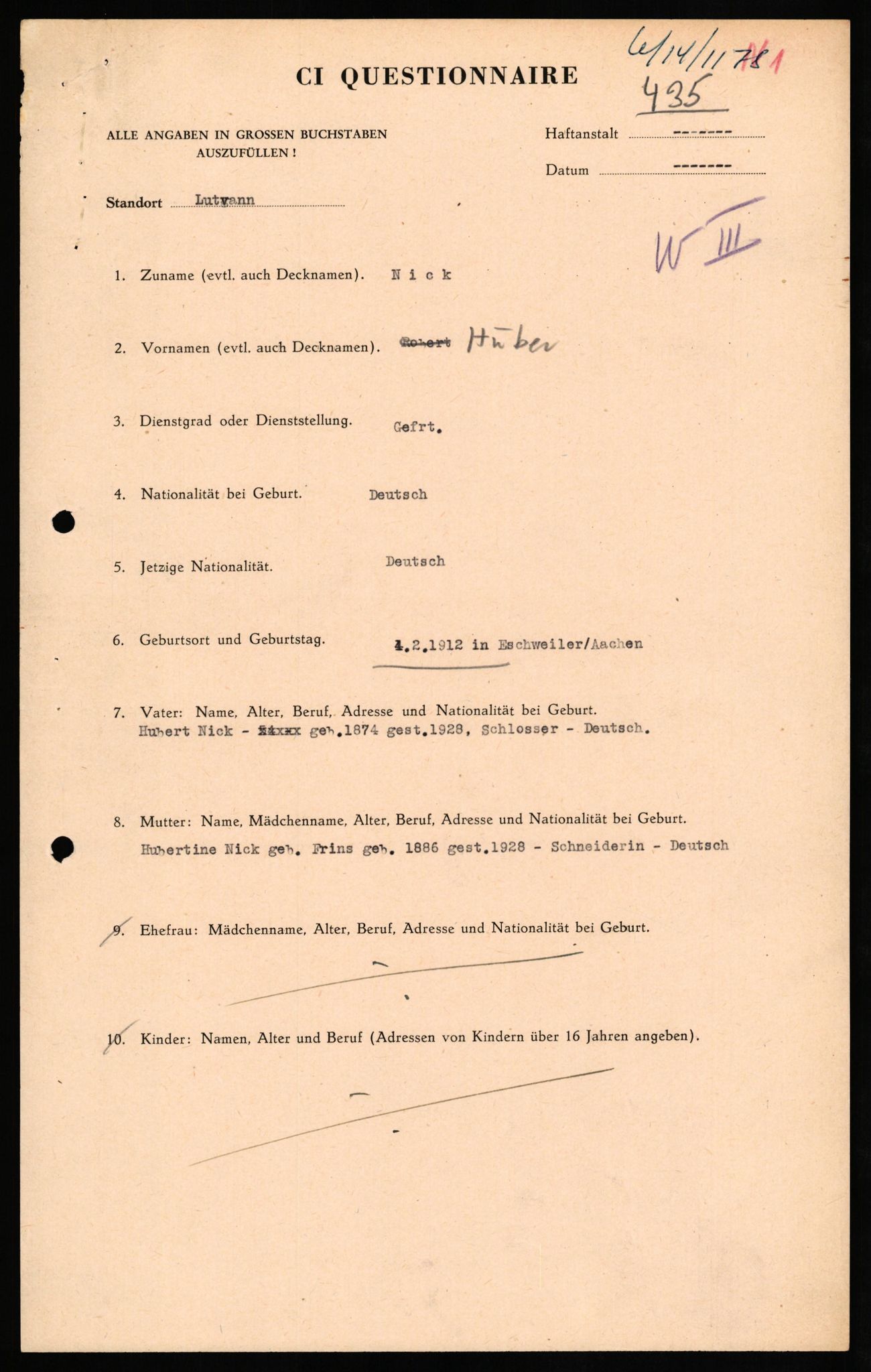 Forsvaret, Forsvarets overkommando II, RA/RAFA-3915/D/Db/L0024: CI Questionaires. Tyske okkupasjonsstyrker i Norge. Tyskere., 1945-1946, s. 104