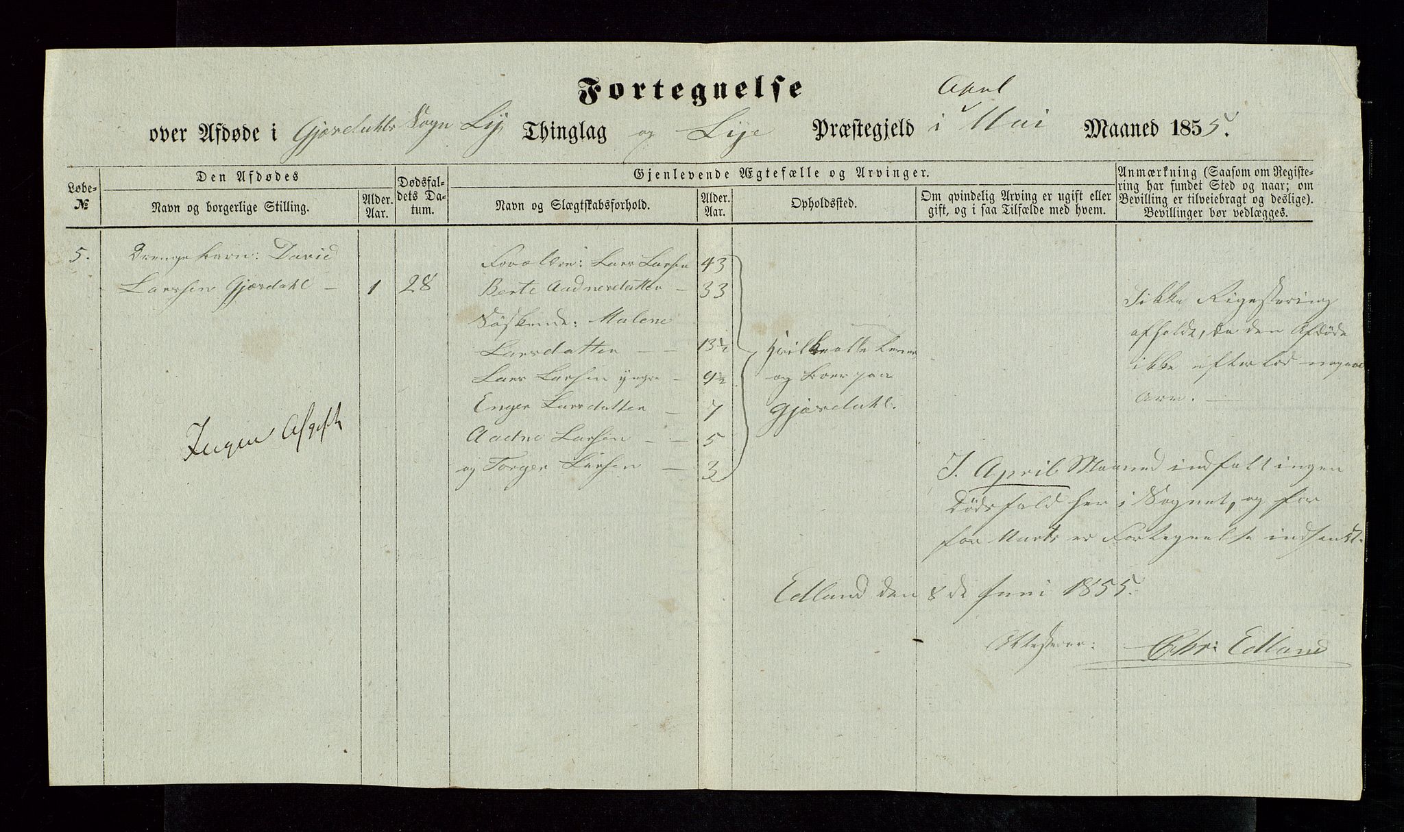 Jæren og Dalane sorenskriveri, AV/SAST-A-100306/5/52AC/L0001: DØDSFALL-LISTER JÆREN, 1851-1855, s. 35