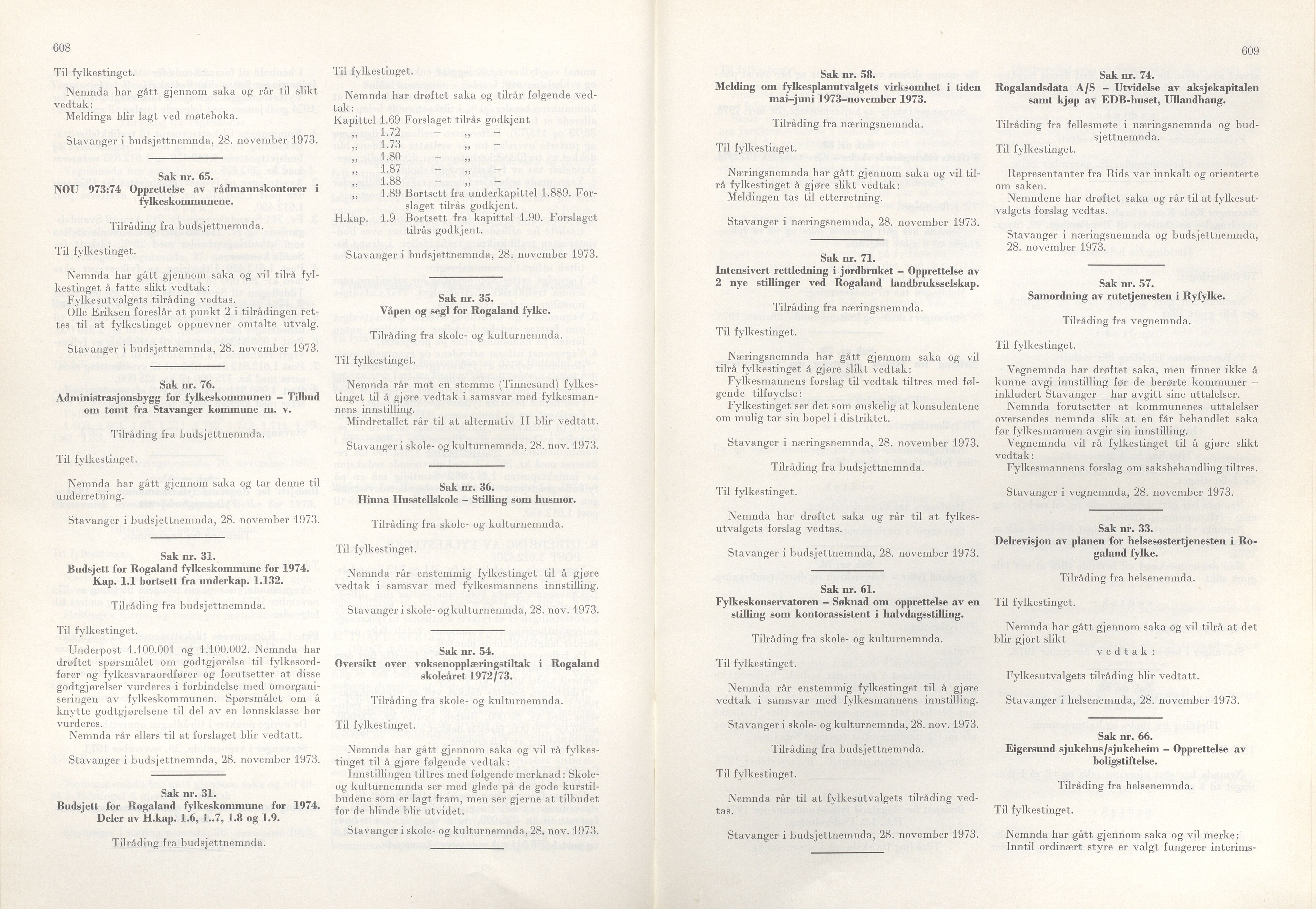 Rogaland fylkeskommune - Fylkesrådmannen , IKAR/A-900/A/Aa/Aaa/L0093: Møtebok , 1973, s. 608-609