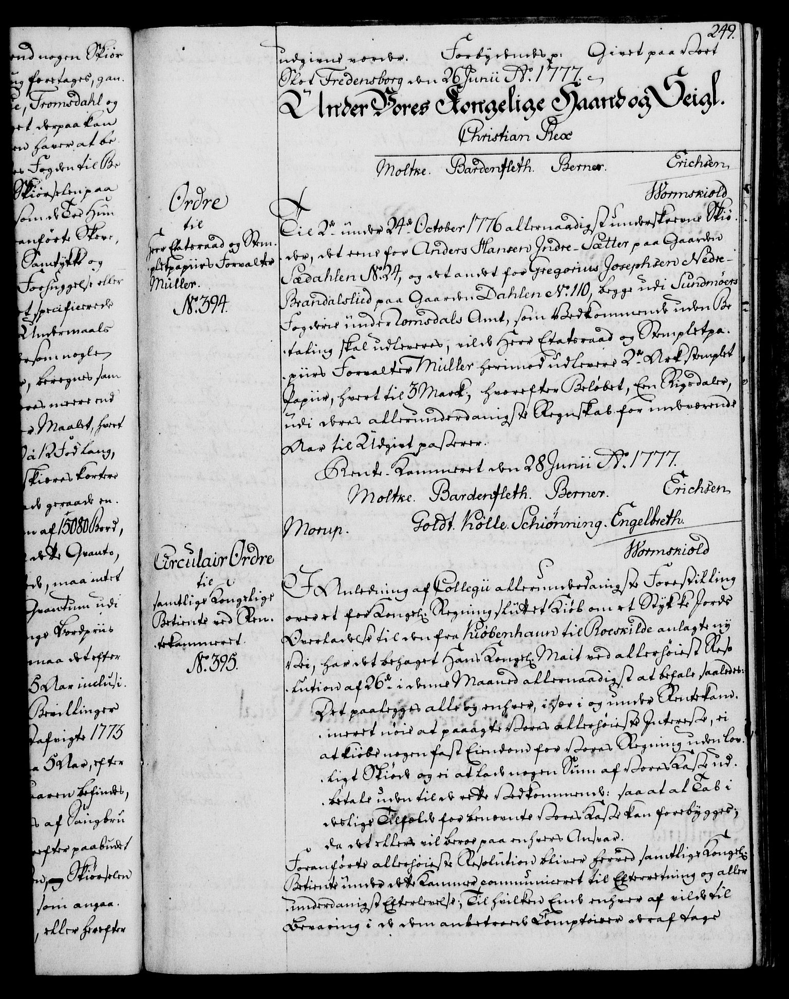 Rentekammeret, Kammerkanselliet, AV/RA-EA-3111/G/Gg/Gga/L0010: Norsk ekspedisjonsprotokoll med register (merket RK 53.10), 1773-1778, s. 249