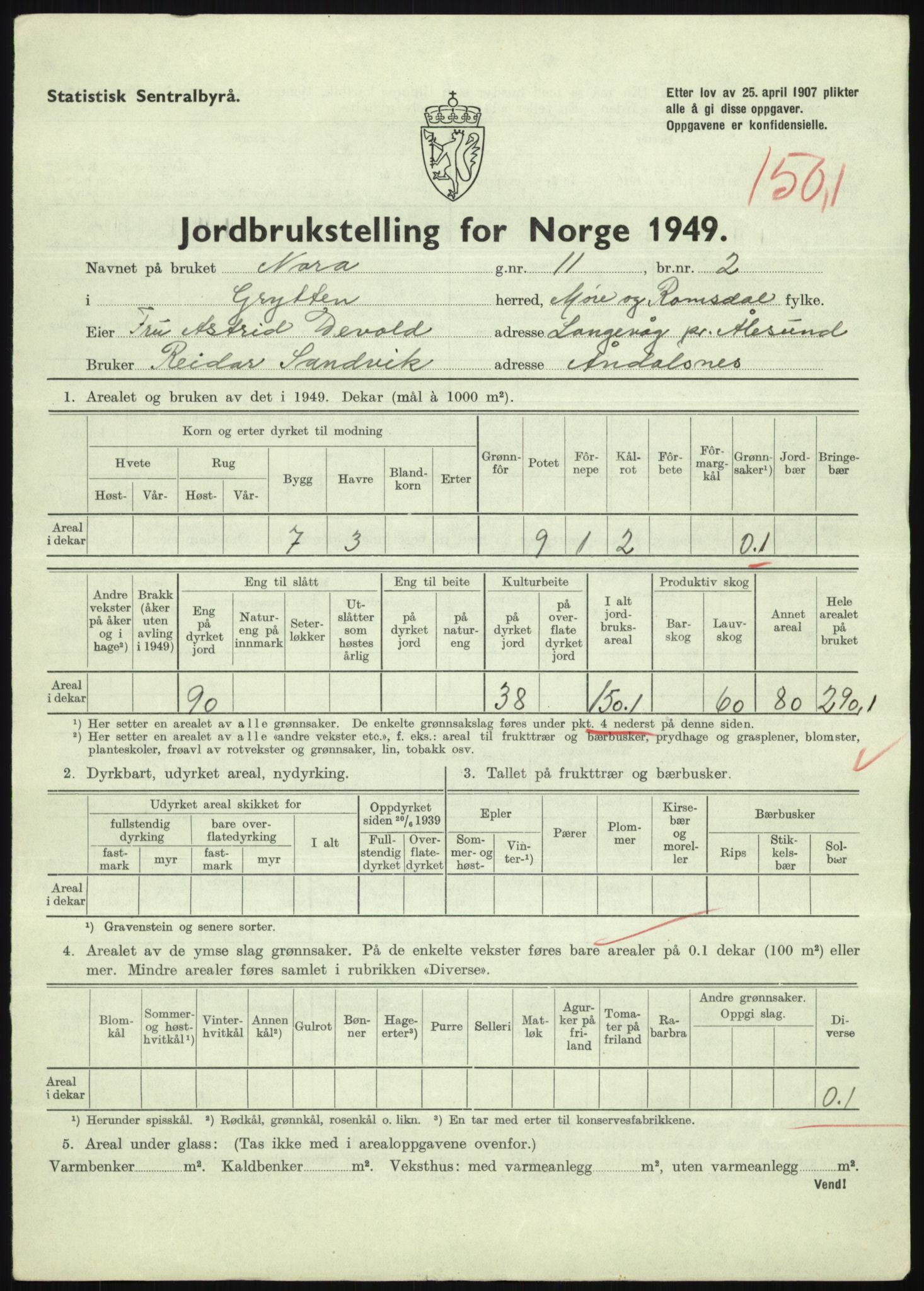 Statistisk sentralbyrå, Næringsøkonomiske emner, Jordbruk, skogbruk, jakt, fiske og fangst, AV/RA-S-2234/G/Gc/L0323: Møre og Romsdal: Grytten og Hen, 1949, s. 375