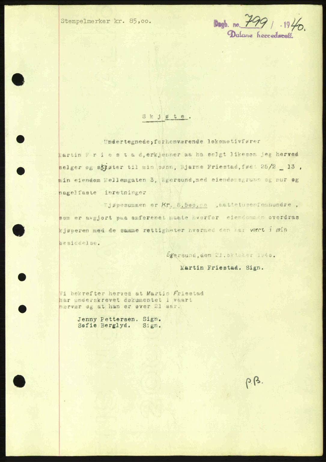 Dalane sorenskriveri, SAST/A-100309/02/G/Gb/L0044: Pantebok nr. A5, 1940-1941, Dagboknr: 799/1940