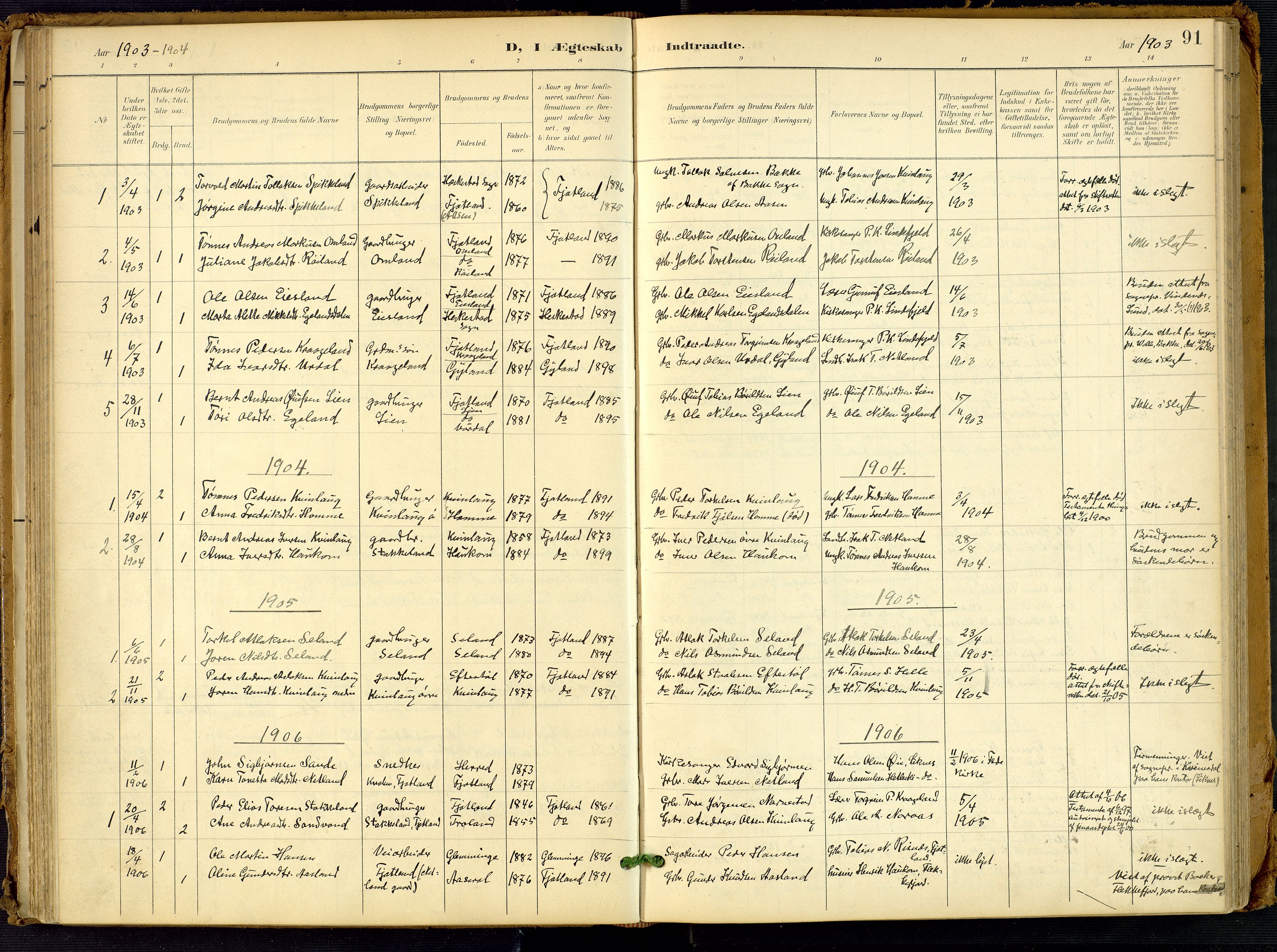 Fjotland sokneprestkontor, SAK/1111-0010/F/Fa/L0003: Ministerialbok nr. A 3, 1899-1917, s. 91