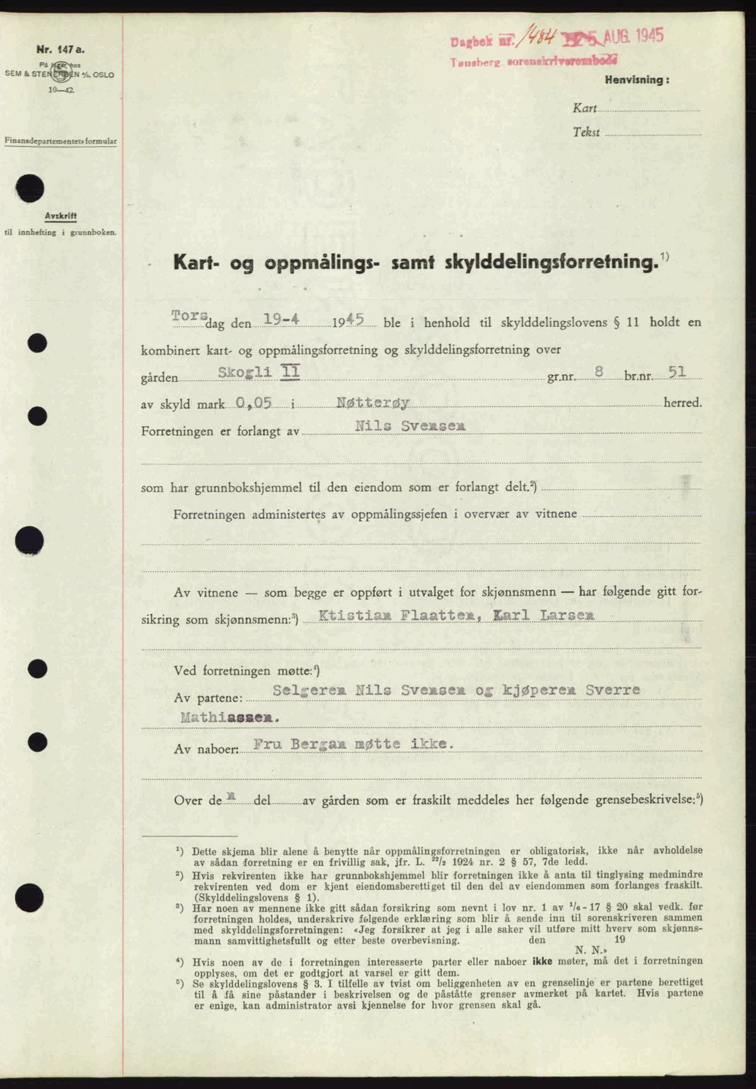 Tønsberg sorenskriveri, AV/SAKO-A-130/G/Ga/Gaa/L0017a: Pantebok nr. A17a, 1945-1945, Dagboknr: 1484/1945