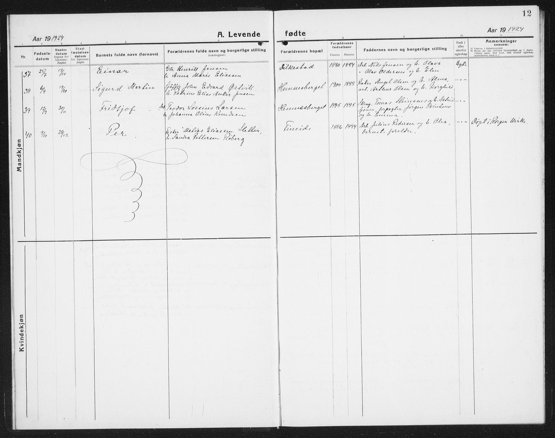 Ministerialprotokoller, klokkerbøker og fødselsregistre - Nordland, AV/SAT-A-1459/825/L0372: Klokkerbok nr. 825C09, 1923-1940, s. 12