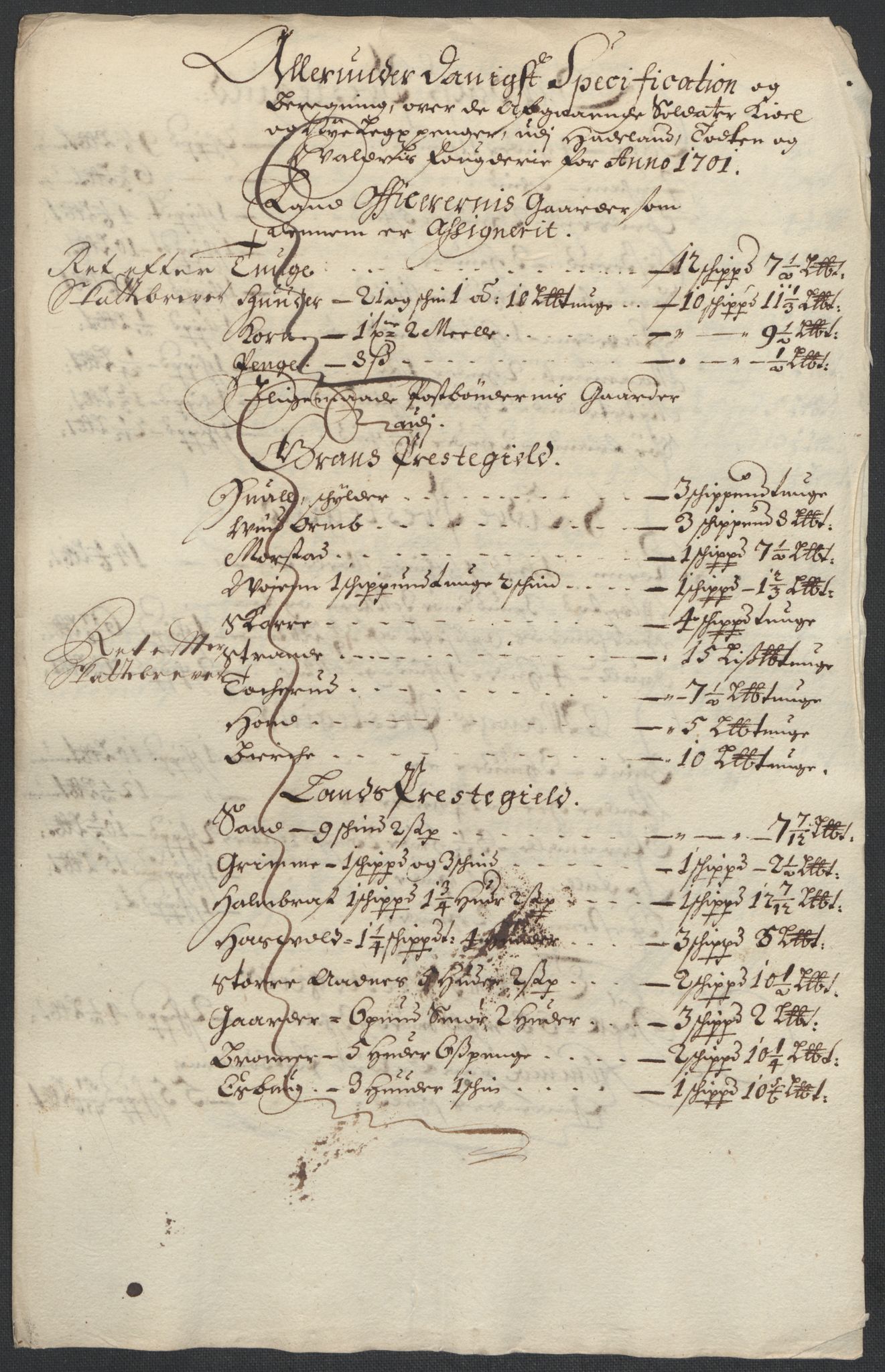 Rentekammeret inntil 1814, Reviderte regnskaper, Fogderegnskap, RA/EA-4092/R18/L1299: Fogderegnskap Hadeland, Toten og Valdres, 1701, s. 440