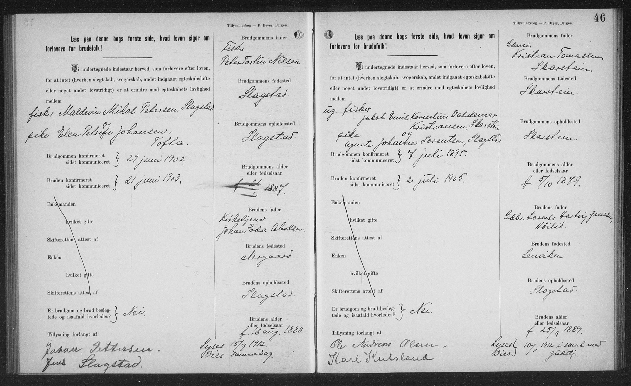 Sand/Bjarkøy sokneprestkontor, AV/SATØ-S-0811/J/Jb/L0024: Lysningsprotokoll nr. 24, 1905-1917, s. 46