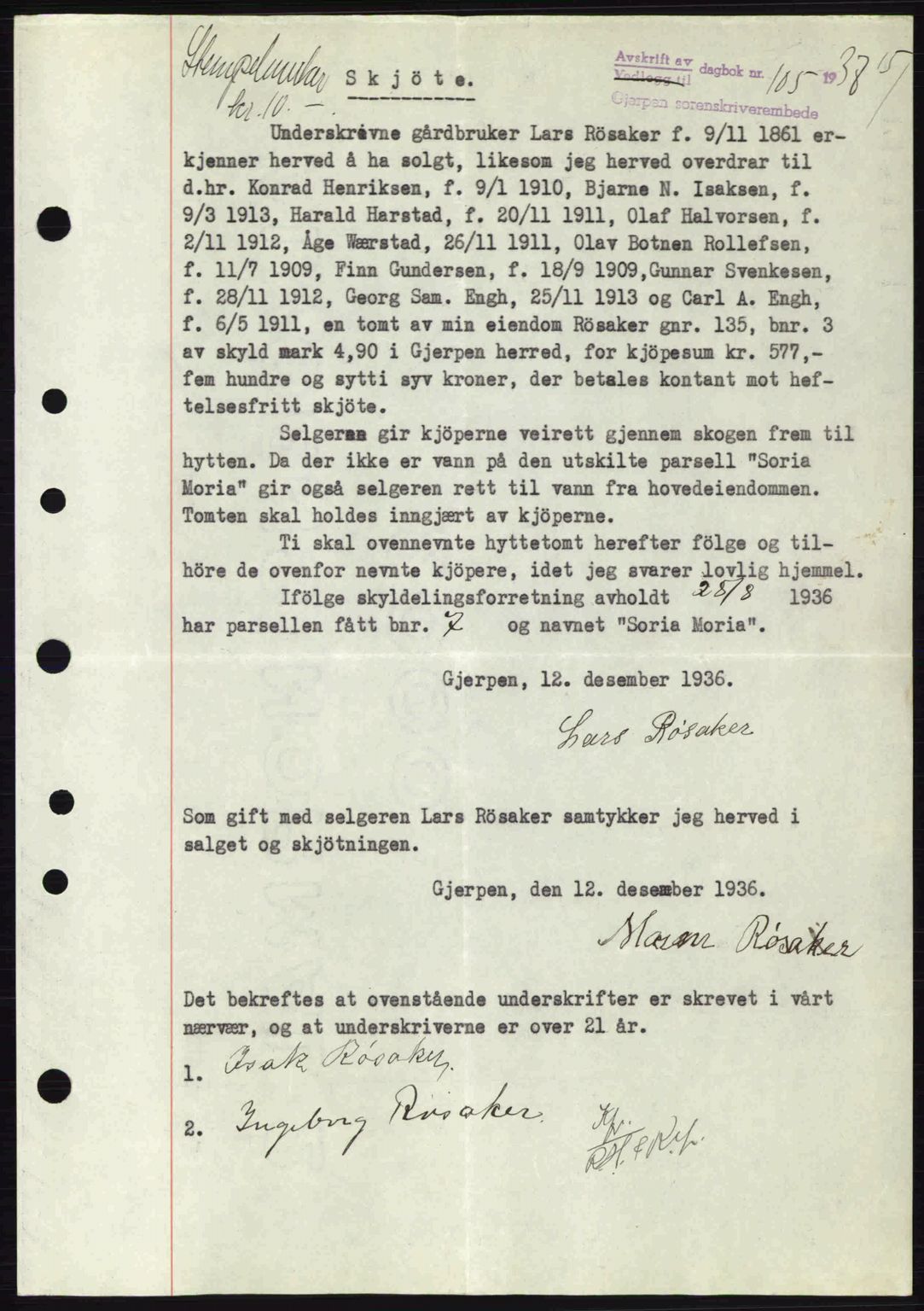 Gjerpen sorenskriveri, SAKO/A-216/G/Ga/Gae/L0067: Pantebok nr. A-66 - A-68, 1936-1937, Dagboknr: 105/1937