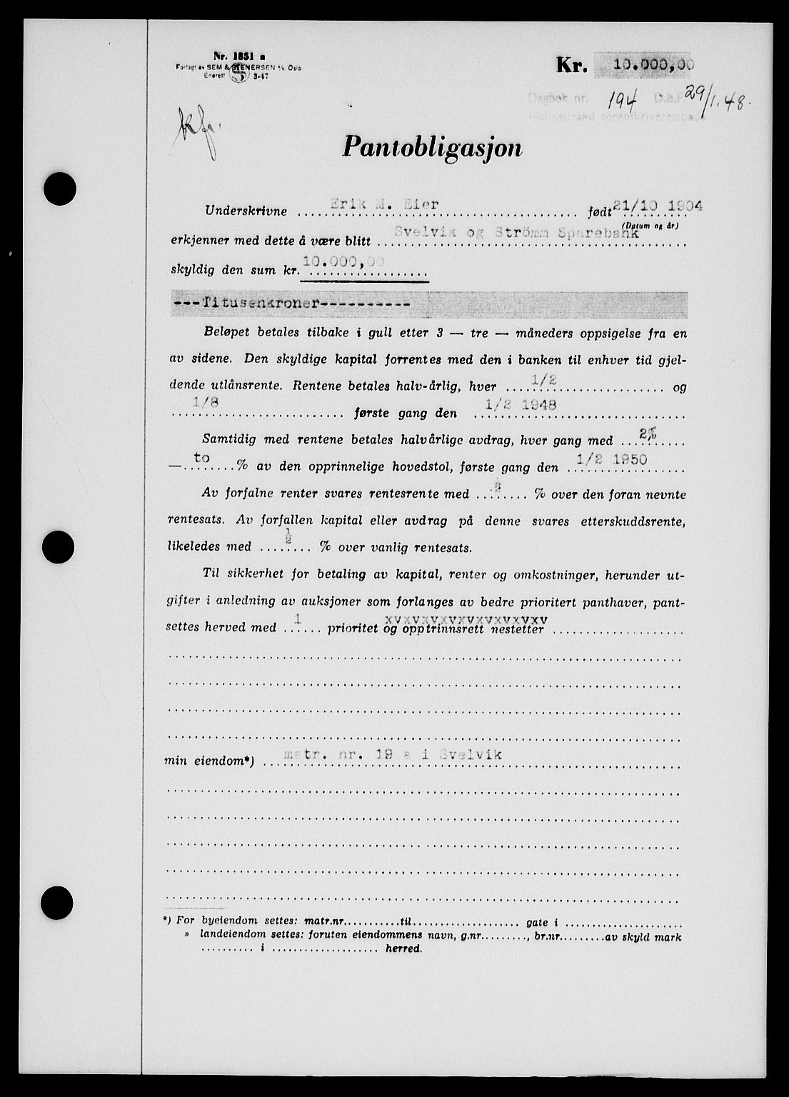 Holmestrand sorenskriveri, SAKO/A-67/G/Ga/Gab/L0058: Pantebok nr. B-58, 1947-1948, Dagboknr: 194/1948