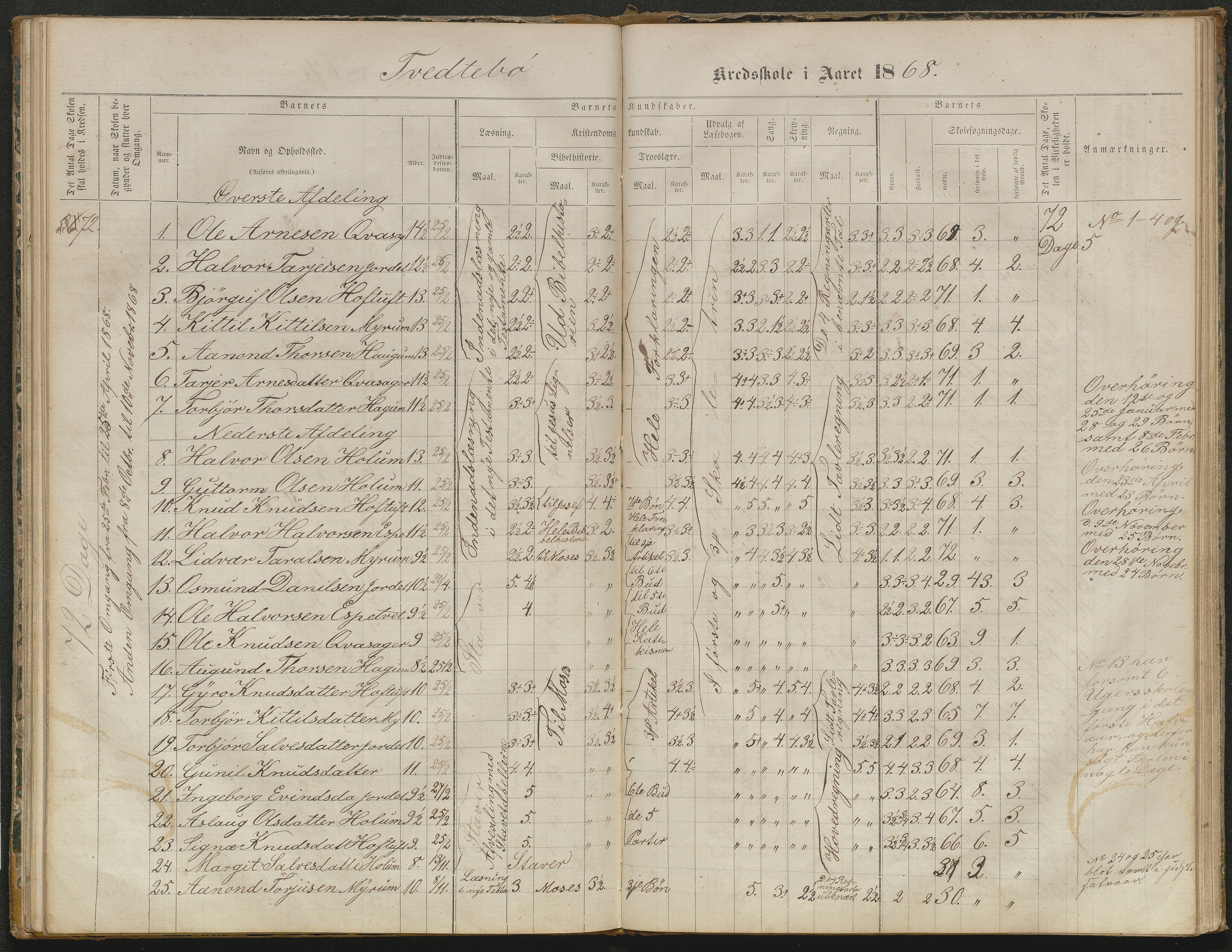 Valle kommune, AAKS/KA0940-PK/03/L0052: Karakterprotokoll for Homme skule. Karakterprotokoll for Oveinang skule. Karakterprotokoll for Tveitebø skule. Karakterprotokoll for den frivillige undervisning i Homme, 1863-1882