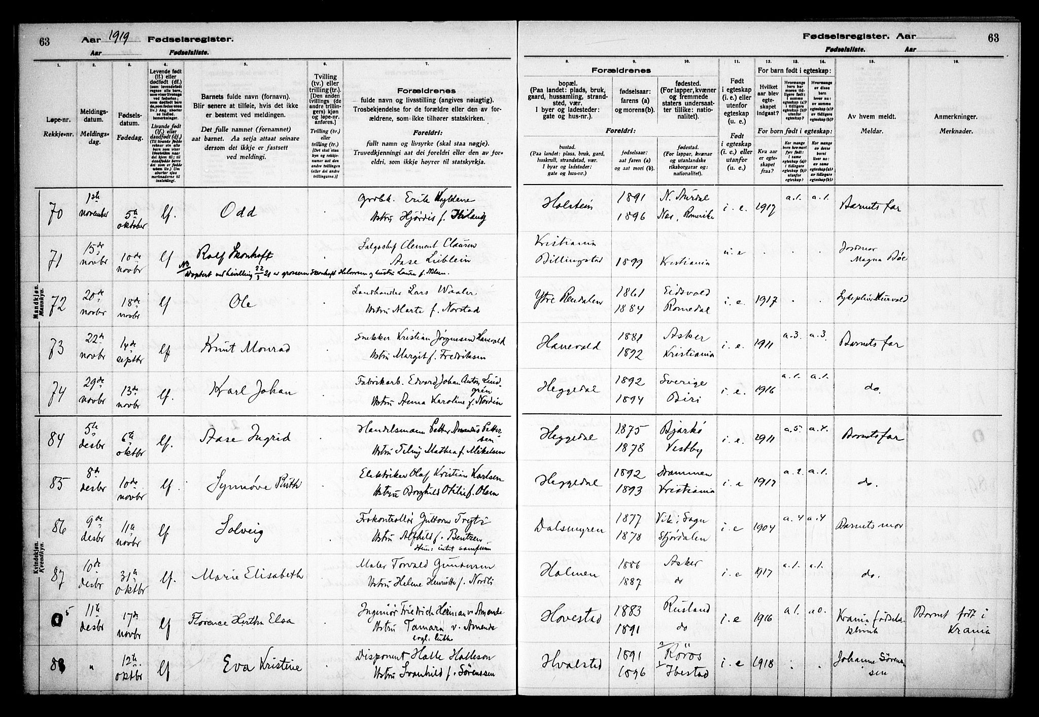 Asker prestekontor Kirkebøker, SAO/A-10256a/J/L0001: Fødselsregister nr. 1, 1916-1925, s. 63