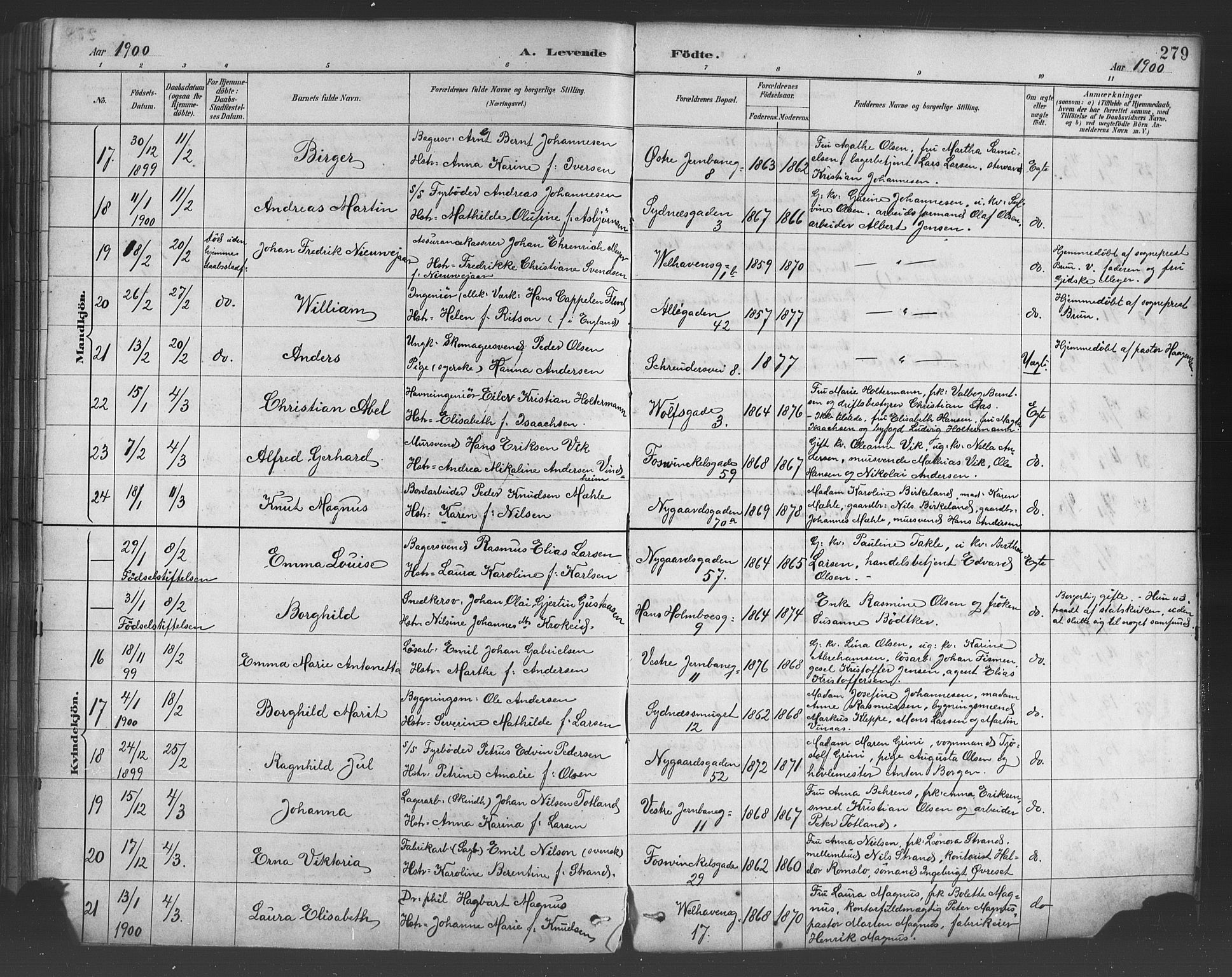 Johanneskirken sokneprestembete, AV/SAB-A-76001/H/Hab: Klokkerbok nr. A 1, 1885-1900, s. 279