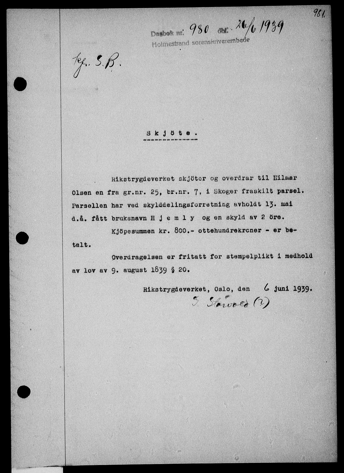 Holmestrand sorenskriveri, SAKO/A-67/G/Ga/Gaa/L0050: Pantebok nr. A-50, 1938-1939, Dagboknr: 980/1939