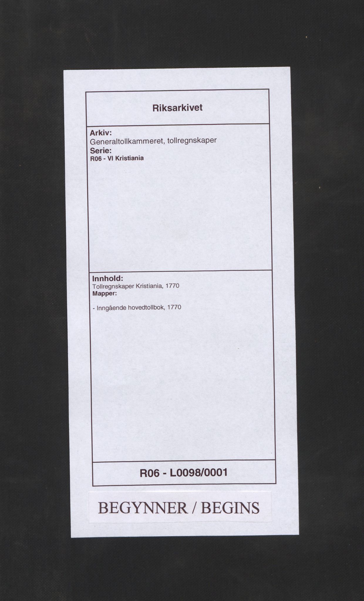 Generaltollkammeret, tollregnskaper, RA/EA-5490/R06/L0098/0001: Tollregnskaper Kristiania / Inngående hovedtollbok, 1770