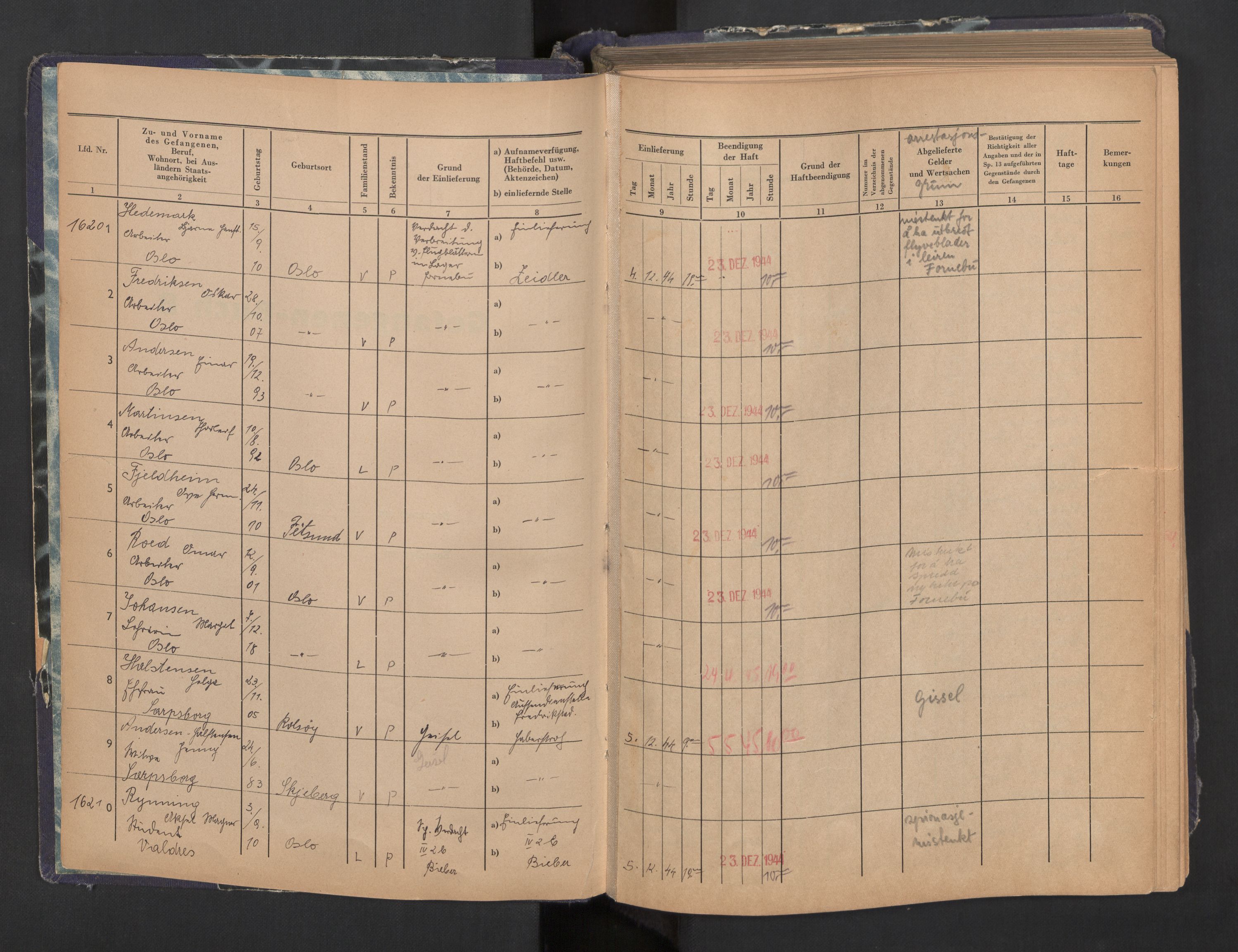 Befehlshaber der Sicherheitspolizei und des SD, AV/RA-RAFA-5969/F/Fa/Faa/L0009: Fangeprotokoll. - Gefangenen-Buch B. Fangenr. 16201-18370, 1944-1945