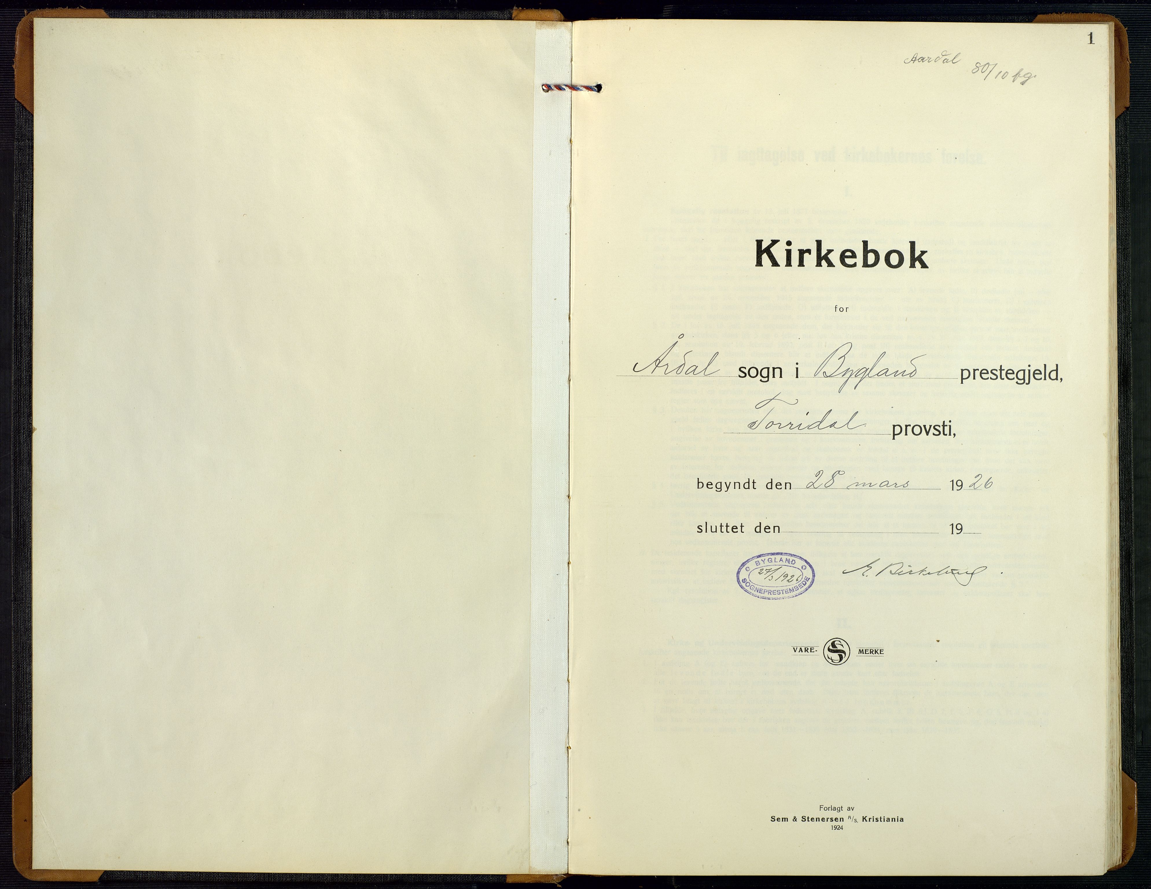 Bygland sokneprestkontor, SAK/1111-0006/F/Fb/Fbd/L0004: Klokkerbok nr. B 4, 1926-1971, s. 1