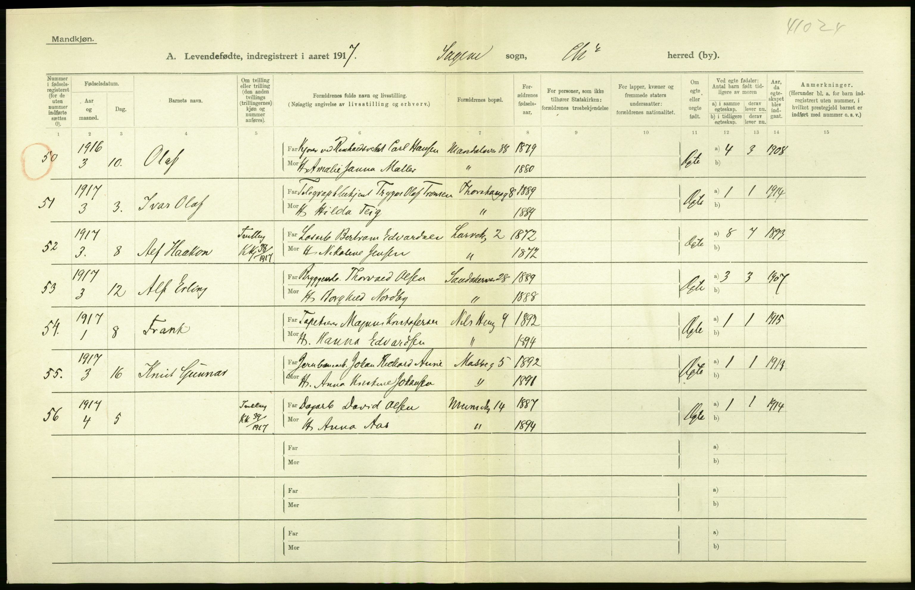 Statistisk sentralbyrå, Sosiodemografiske emner, Befolkning, AV/RA-S-2228/D/Df/Dfb/Dfbg/L0007: Kristiania: Levendefødte menn og kvinner., 1917, s. 94