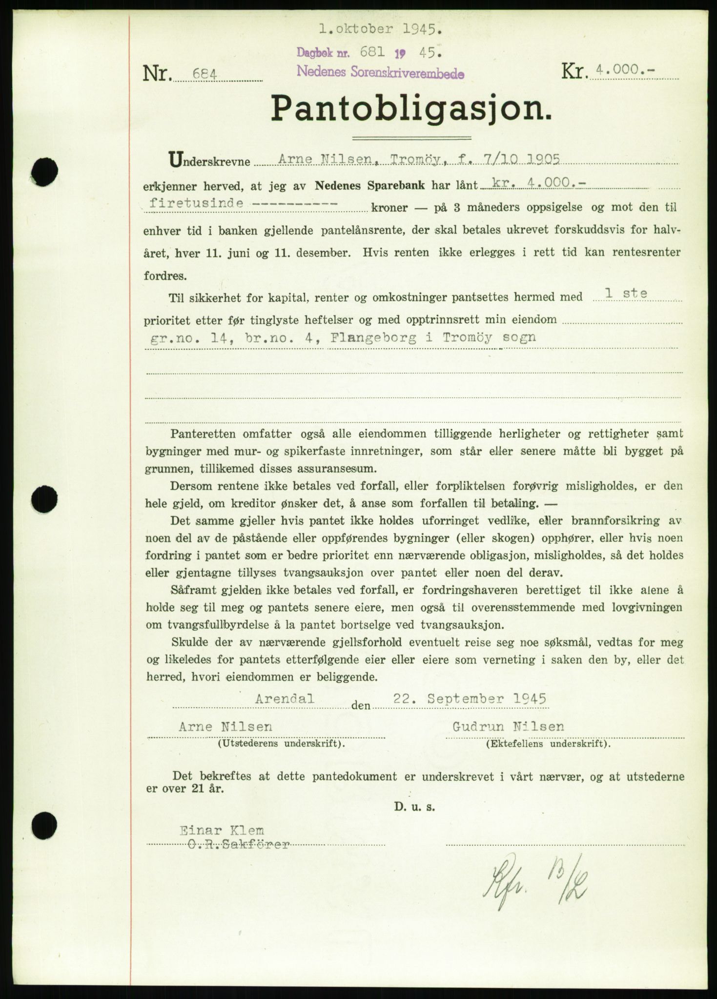 Nedenes sorenskriveri, SAK/1221-0006/G/Gb/Gbb/L0002: Pantebok nr. II, 1942-1945, Dagboknr: 681/1945