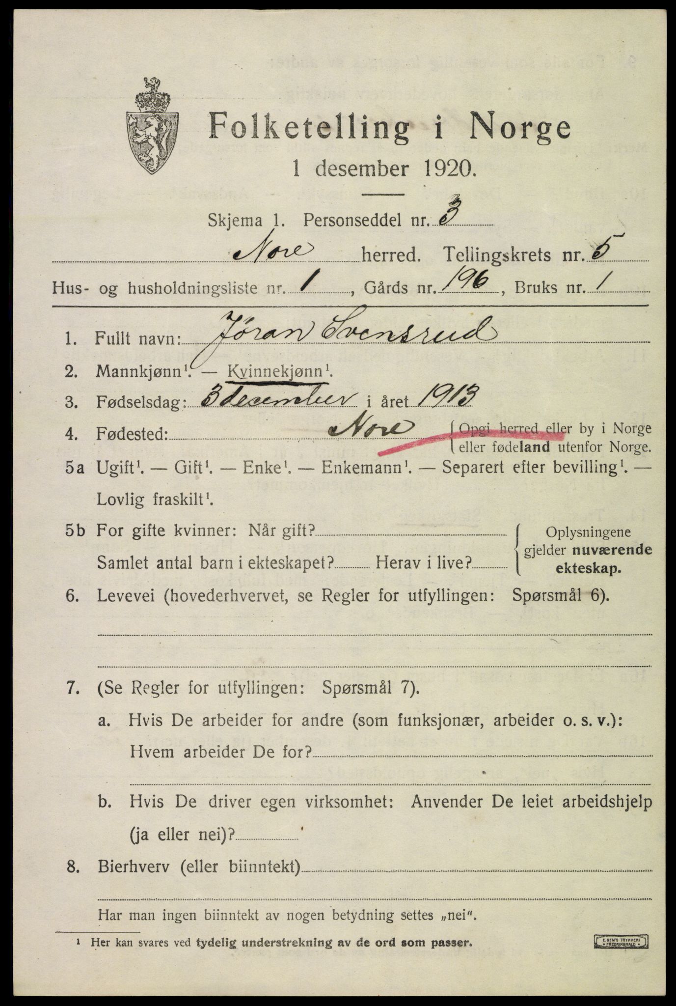 SAKO, Folketelling 1920 for 0633 Nore herred, 1920, s. 2214