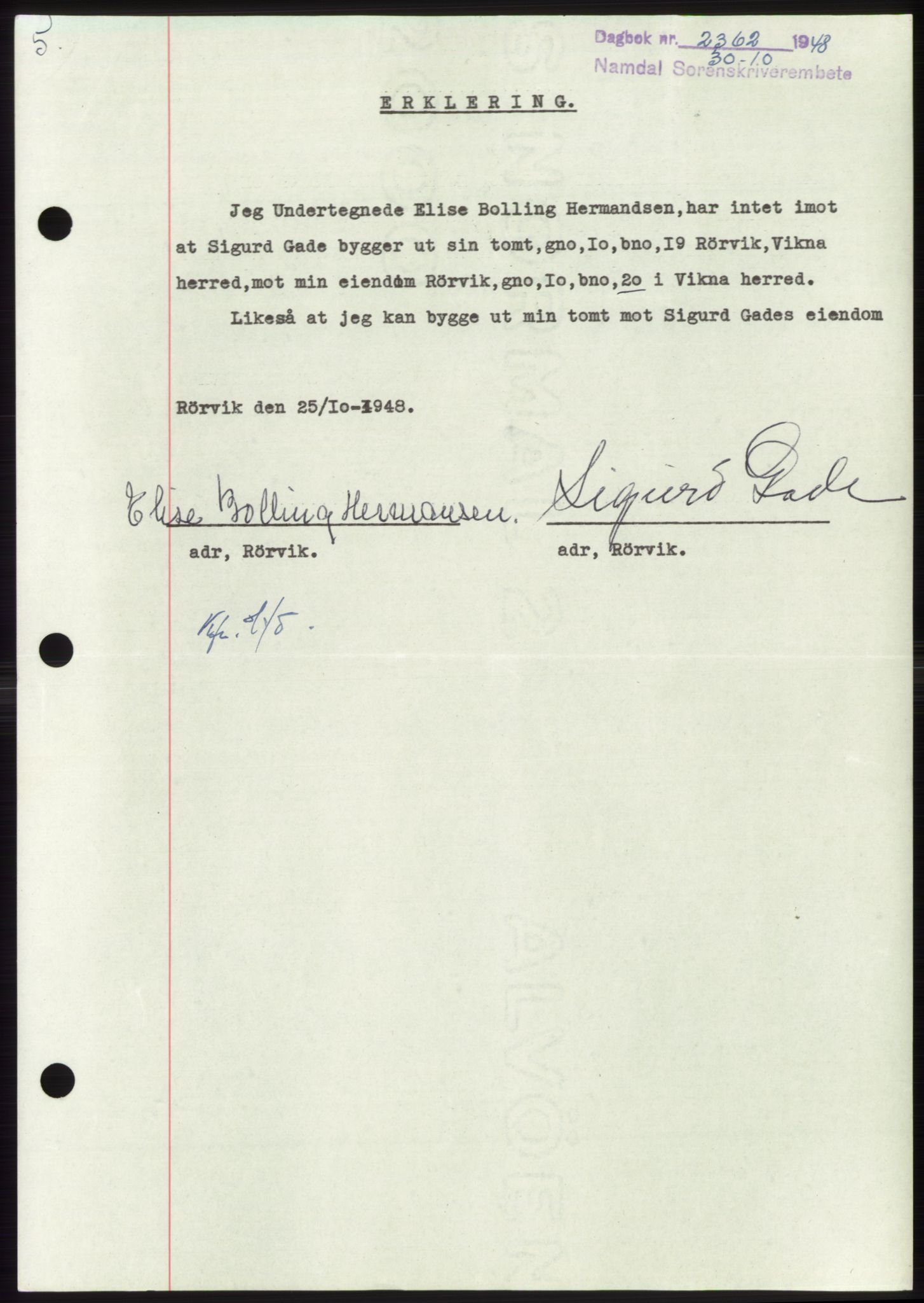 Namdal sorenskriveri, SAT/A-4133/1/2/2C: Pantebok nr. -, 1948-1948, Dagboknr: 2362/1948