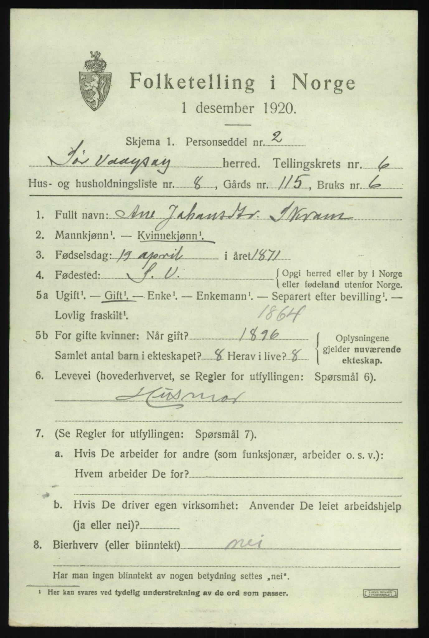 SAB, Folketelling 1920 for 1439 Sør-Vågsøy herred, 1920, s. 3396