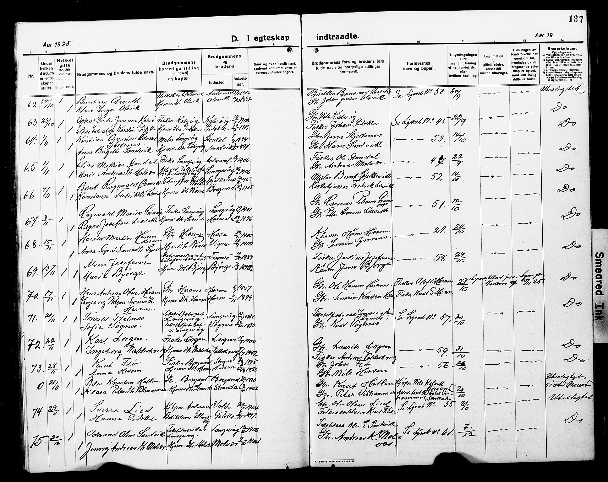 Ministerialprotokoller, klokkerbøker og fødselsregistre - Møre og Romsdal, AV/SAT-A-1454/528/L0434: Klokkerbok nr. 528C15, 1919-1927, s. 137